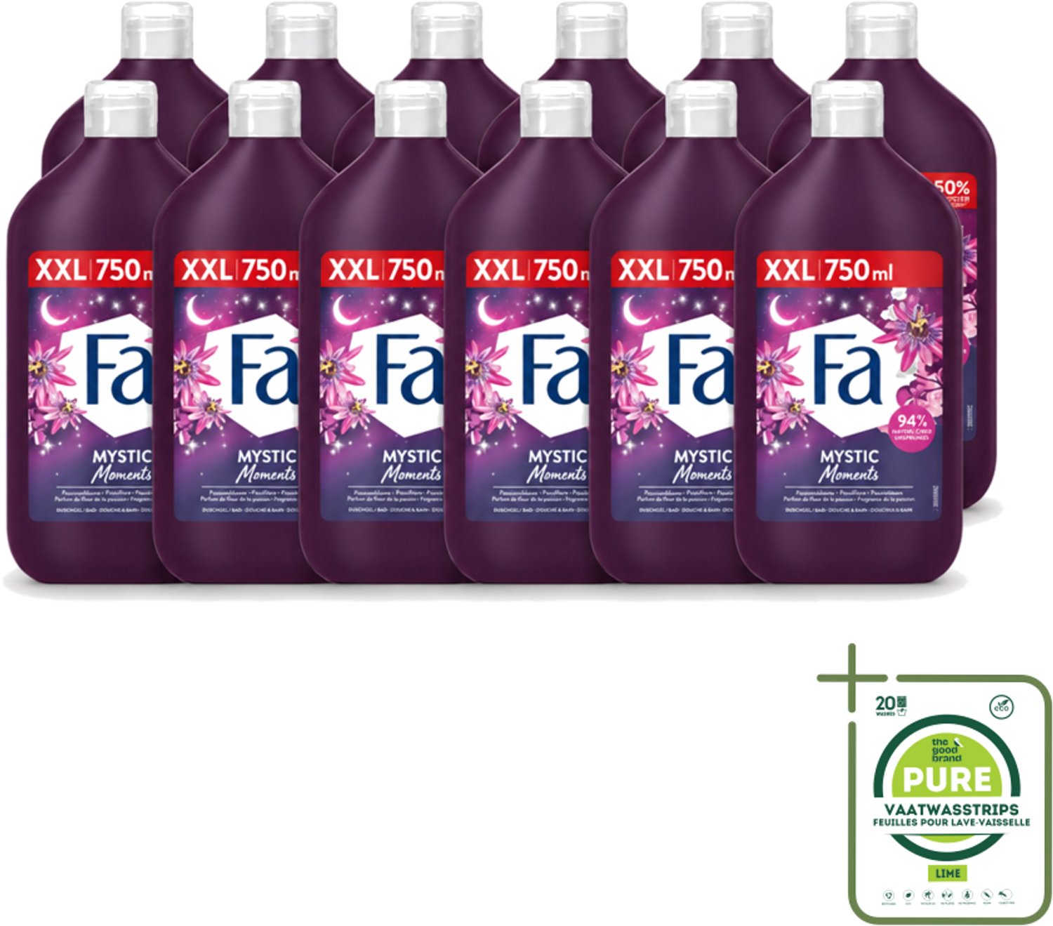 12 x Fa - Mystic Moments - Bad- & Douchegel - Passiebloem - 750 ml - Grootverpakking - Vaatwasstrips - Bad En Douchegel - Passiebloem - Sheaboter - Hydratatie - Verzorging