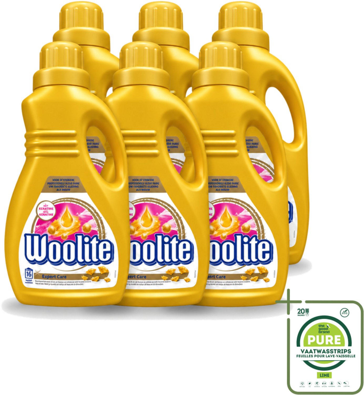 6 x Woolite Expert Care - Vloeibaar Wasmiddel - Met Keratine - Delicate Was - 16 Wasbeurten - 1L - Grootverpakking - Vaatwasstrips - Delicate Was - Keratine Wasmiddel - Kleding Verzorging - Wasmiddel Voor Delicate Stoffen - Glans Behouden
