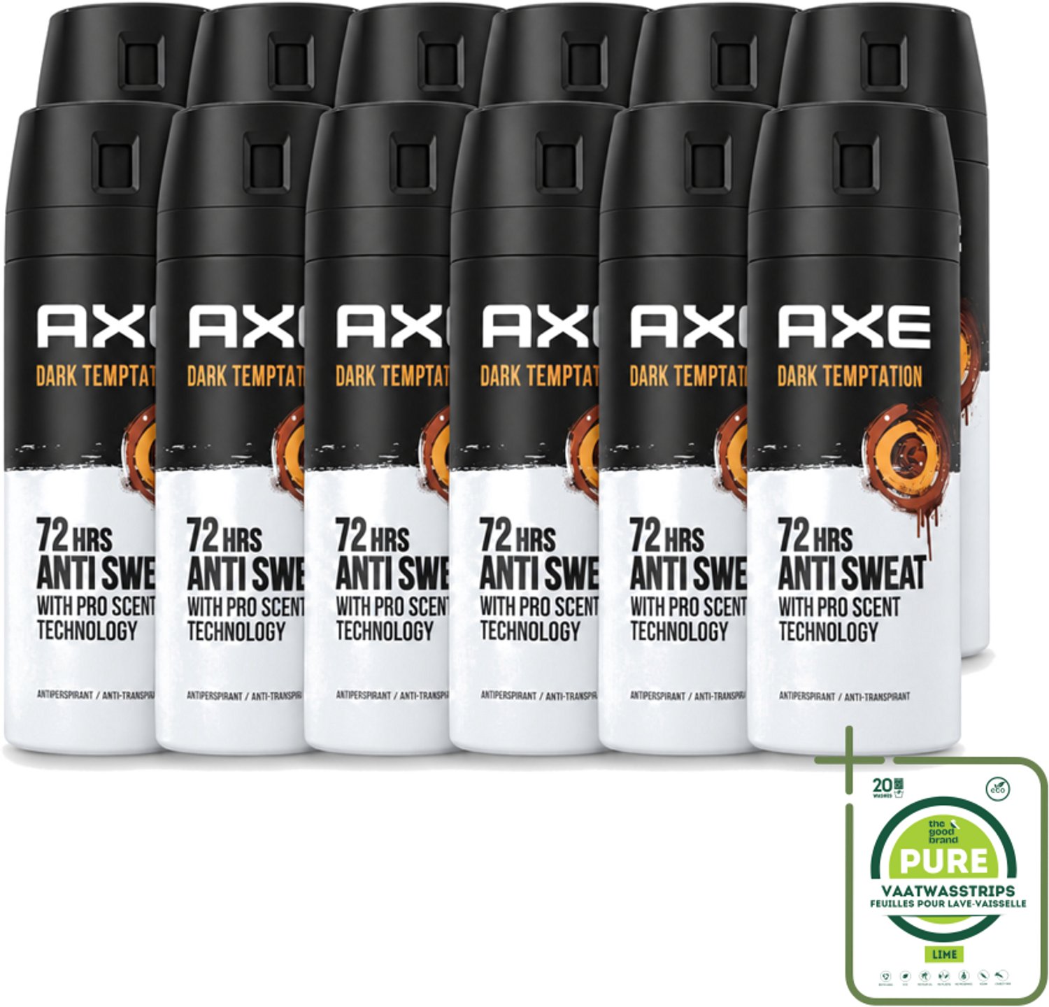 12 x Axe - Deodorant Spray - 72hrs Anti Sweat - Dark Temptation - 150 ml - Grootverpakking - Vaatwasstrips - Anti-sweat Spray - 72 Uur Bescherming - Zweetvoorkomend - Geur Chocolade - Kruiden Geur