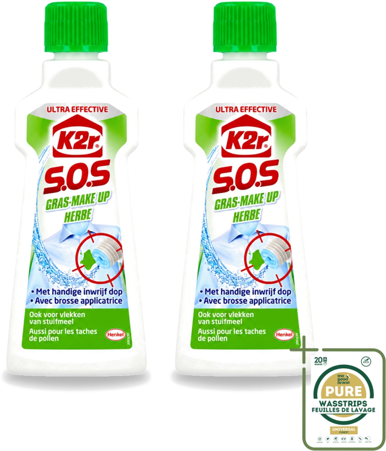 2 x K2R - SOS Vlekverwijderaar - Gras & Make-up - 50ml - Wasstrips - Vlekverwijderaar - Grasvlek - Make-upvlek - Textielverwijderaar - Vlekken Verwijderen