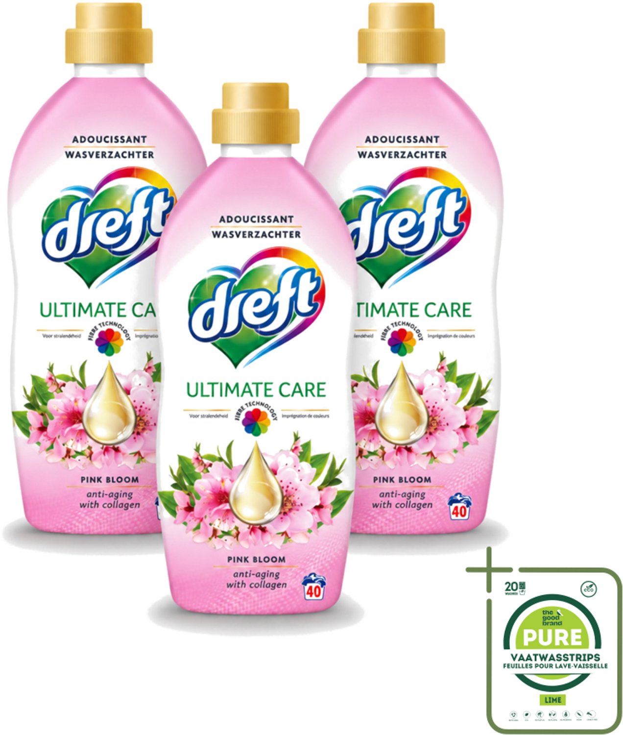 3 x Dreft - Ultimate Care - Wasverzachter - Roze Bloem - Anti-Veroudering - 40 Wasbeurten - Grootverpakking - Vaatwasstrips - Wasverzachter - Anti-aging - Kleurbescherming - Wasgoed Verzorging - Roze Bloem Geur
