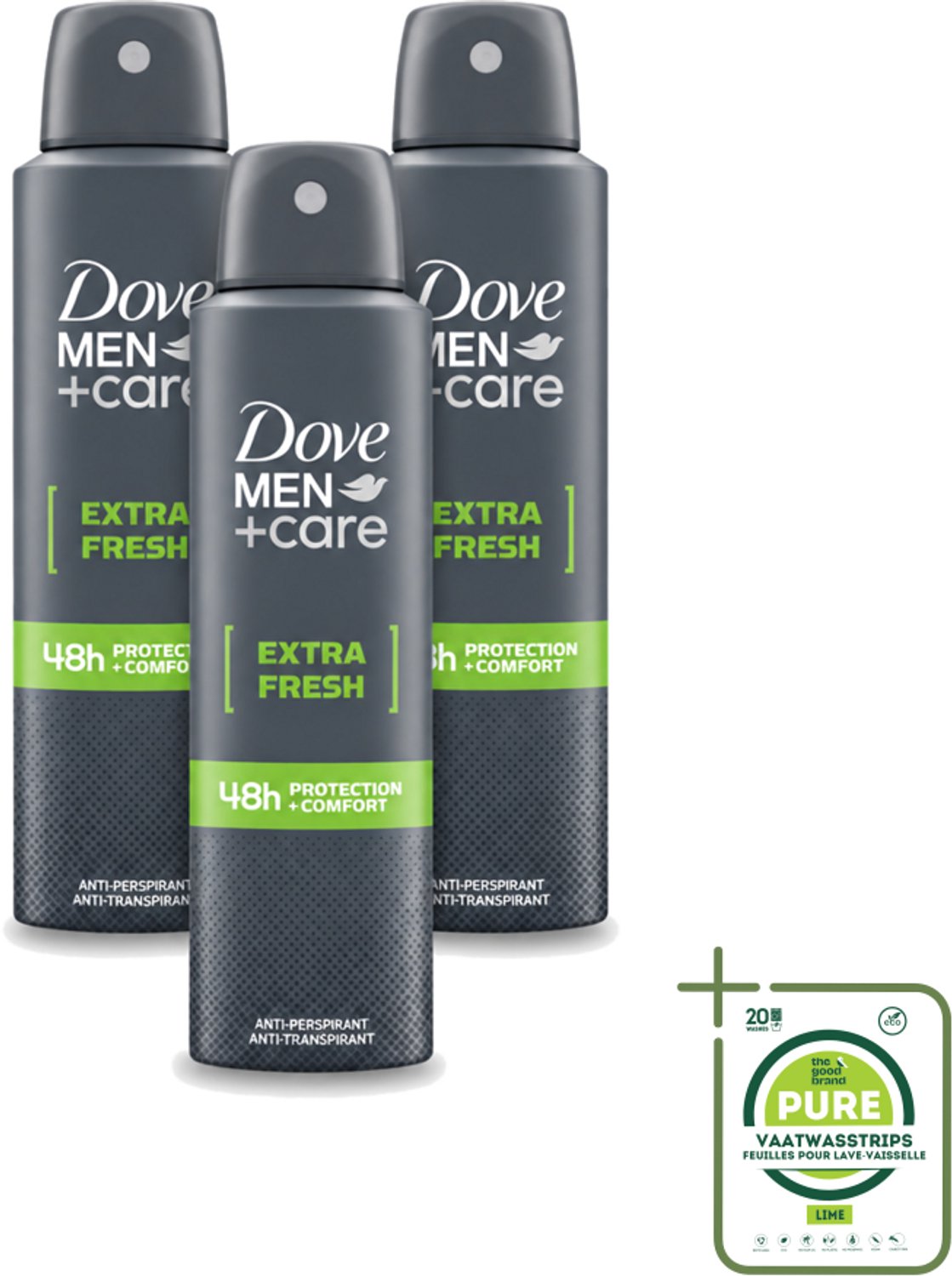 3 x Dove Men+Care - Extra Fresh - Deospray - Anti-Transpirant - 150 ml - Grootverpakking - Vaatwasstrips - Dove Men+Care Extra Fresh Deospray - Deospray Voor Mannen - Alcoholvrije Deospray - Okselbescherming - Transpiratiebescherming