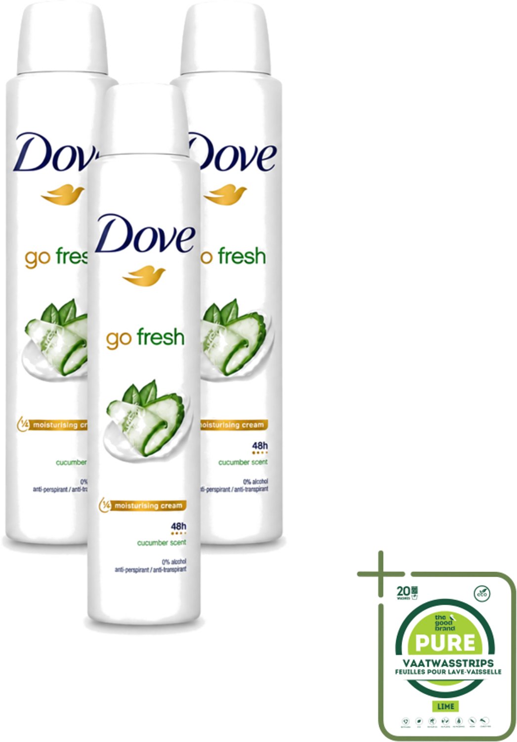 3 x Dove Go Fresh - Deospray - Groene Thee & Komkommer - 200 ml - Grootverpakking - Vaatwasstrips - Dove Go Fresh Deospray Groene Thee & Komkommer - Frisheid - Transpiratie Bescherming - Geur - Oksel Crème
