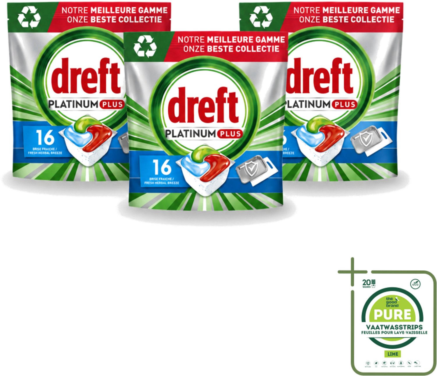 3 x Dreft Platinum Plus - All In One - Vaatwascapsules - Fresh Herbal Breeze - 16 Afwasbeurten - Grootverpakking - Vaatwassen - Vaatwassen Capsule - Vaatwassen Kruidgeur - Vaatwassen Glans - Vaatwassen Eco