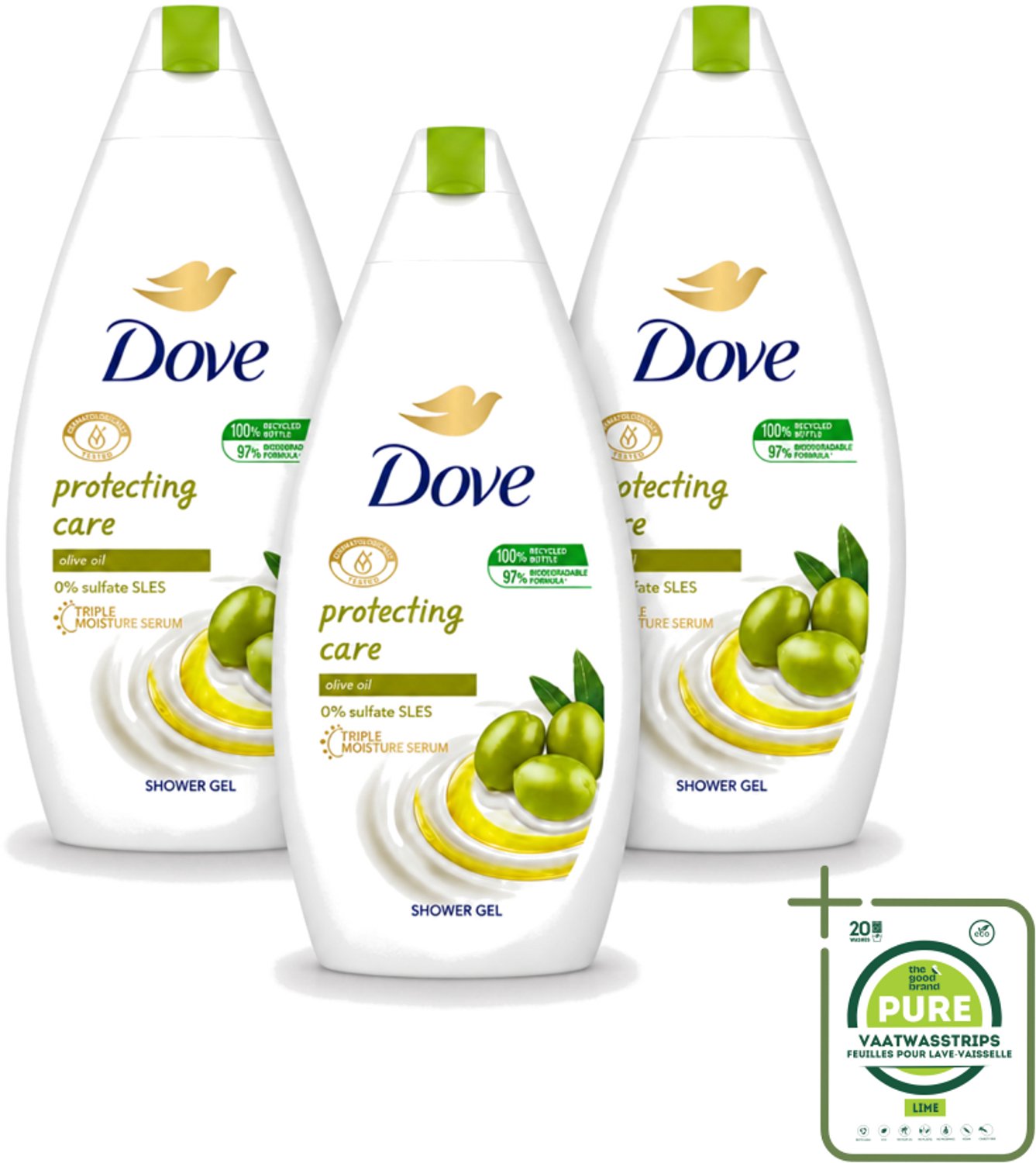 3 x Dove Protecting Care - Douchegel - Olijfolie - Sulfaatvrij - 450 ml - Grootverpakking - Vaatwasstrips - Douchegel - Olijfolie - Huidverzorging - Sulfaatvrije Douchegel - Hydraterende Crème