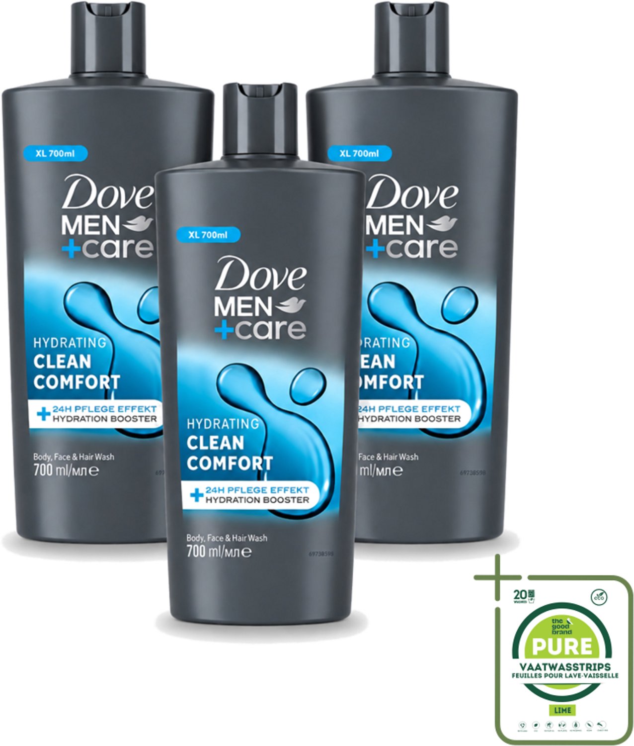 3 x Dove Men+Care - Clean Comfort - 3-in-1 Douchegel - Hydraterend- 700 ml - Grootverpakking - Vaatwasstrips - Douchegel Voor Mannen - Lichaamsgel - Gezichtsgel - Haarverzorging - Hydraatende Douchegel