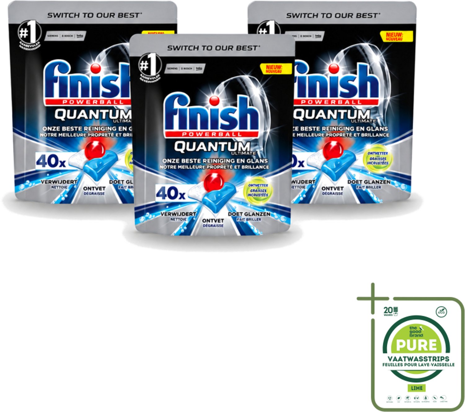3 x Finish Powerball - Quantum Ultimate - Vaatwastabletten - Ontvetter - 40 Tabletten - Grootverpakking - Vaatwasstrips - Vaatwasmiddel - Vaatwastablet - Ontvetter - Vaatwasser - Vetverwijdering