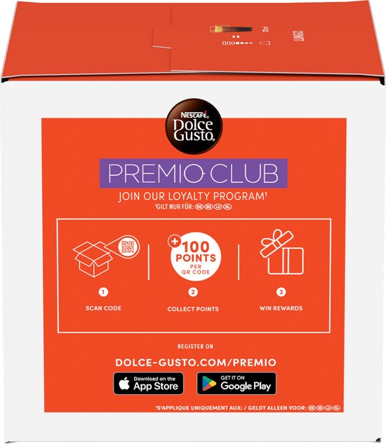 Achterkant van de Nescafé Dolce Gusto verpakking met informatie over het PREMIO loyaliteitsprogramma.