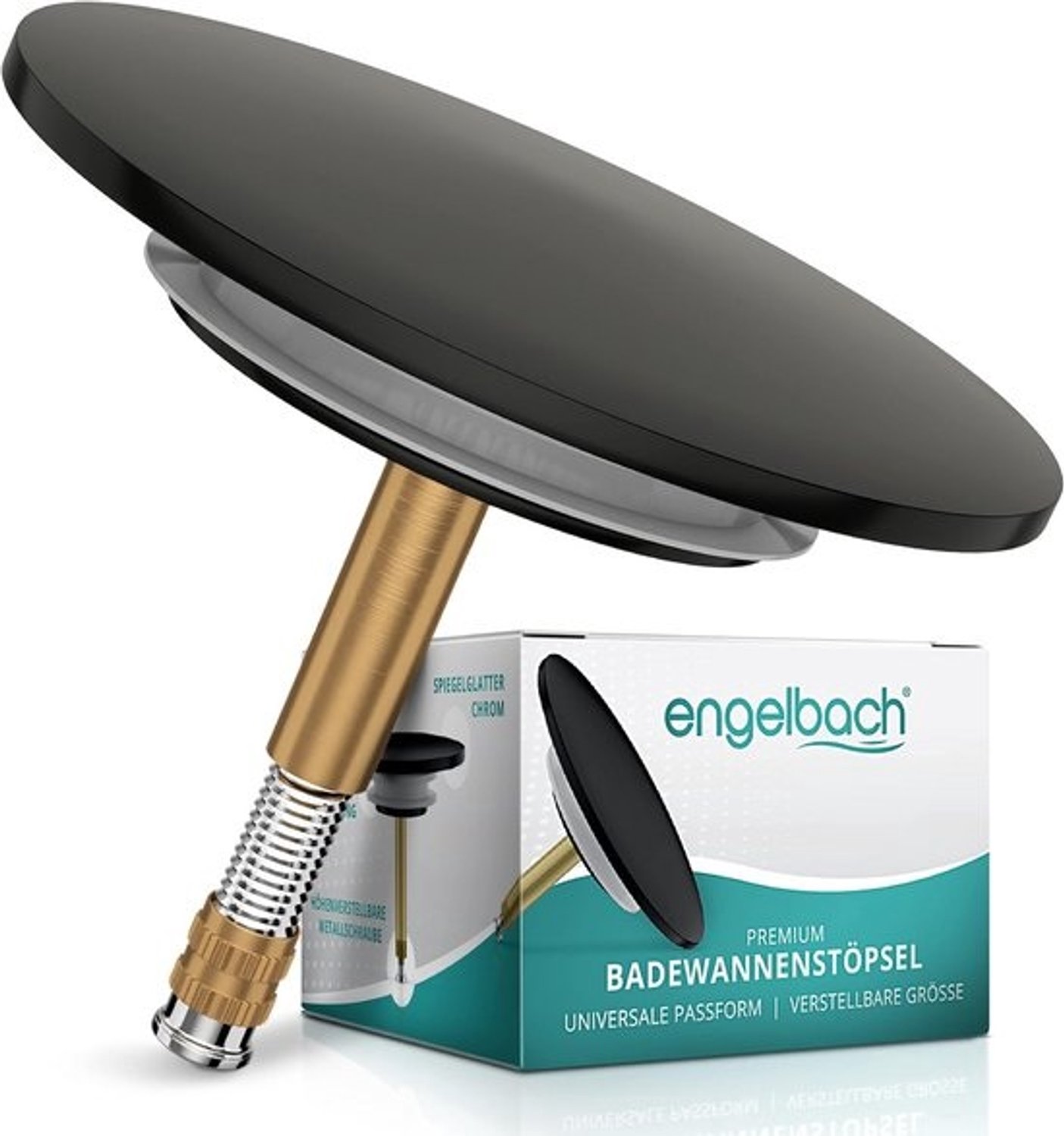 Engelbach® badstop met universele pasvorm – Badstop roestvrij met dubbele afdichting – Badstop voor elke gangbare badkuip in matzwart
