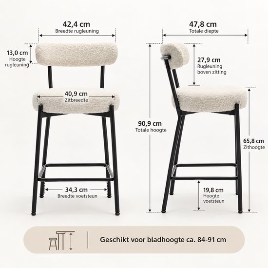 Technische tekening van een crème bouclé barkruk met mat zwart metalen frame, met afmetingen voor zithoogte, zitting, rugleuning en voetsteun.