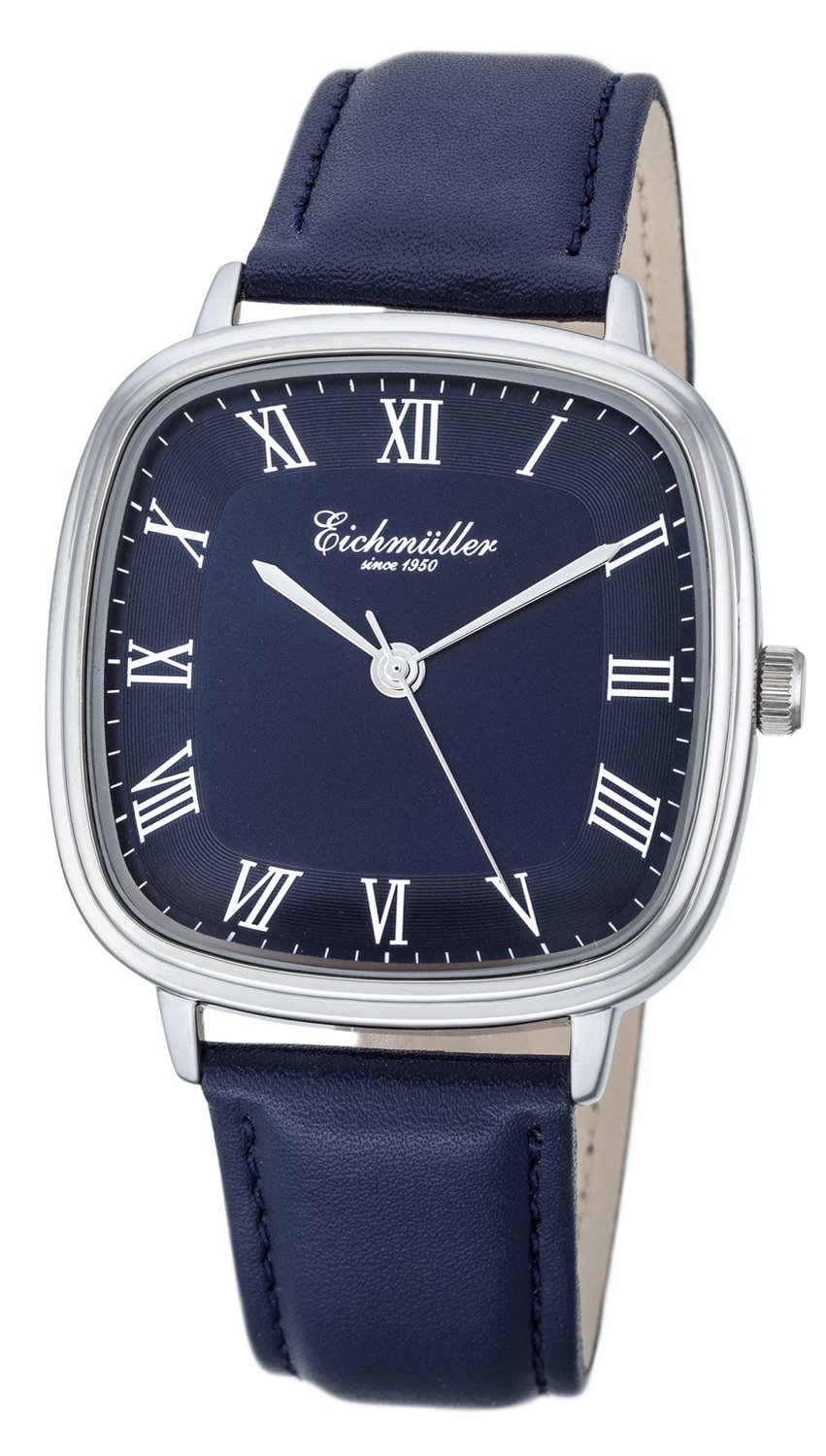 Eichmüller Rechthoekig Herenhorloge - Blauwe Horlogeband - Blauwe Wijzerplaat met Romeinse Cijfers - Quartz Uurwerk - 39x39 mm