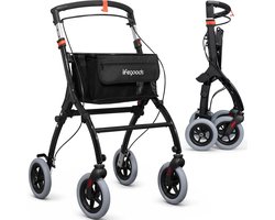 LifeGoods Rollator – Lichtgewicht en Opvouwbaar (6.7KG) – Rollator voor Binnengebruik met Dienblad en Opbergmand – Tot 110KG Draagkracht – Zwart