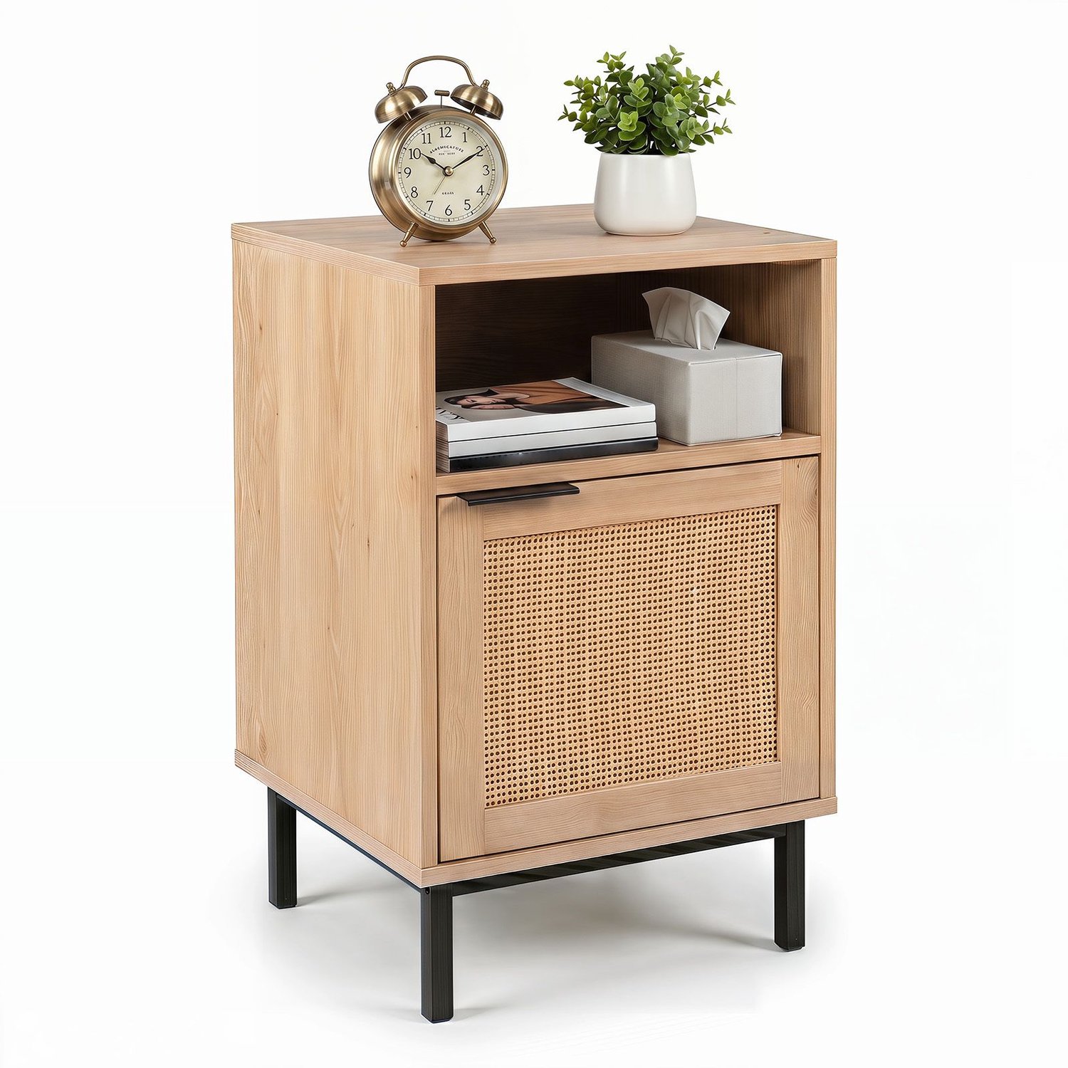 SureDeal® - Nachtkastje - Rattan Deur Open - Metalen Stabiele nachtkast - Slaapkamer Woonkamer Naturel - 40x35x65,5 cm - Naturel