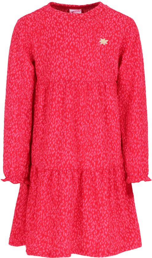 Roze B.Nosy jurk met structuur en dierenprint, lange mouwen en een kleine gouden ster op de borst.