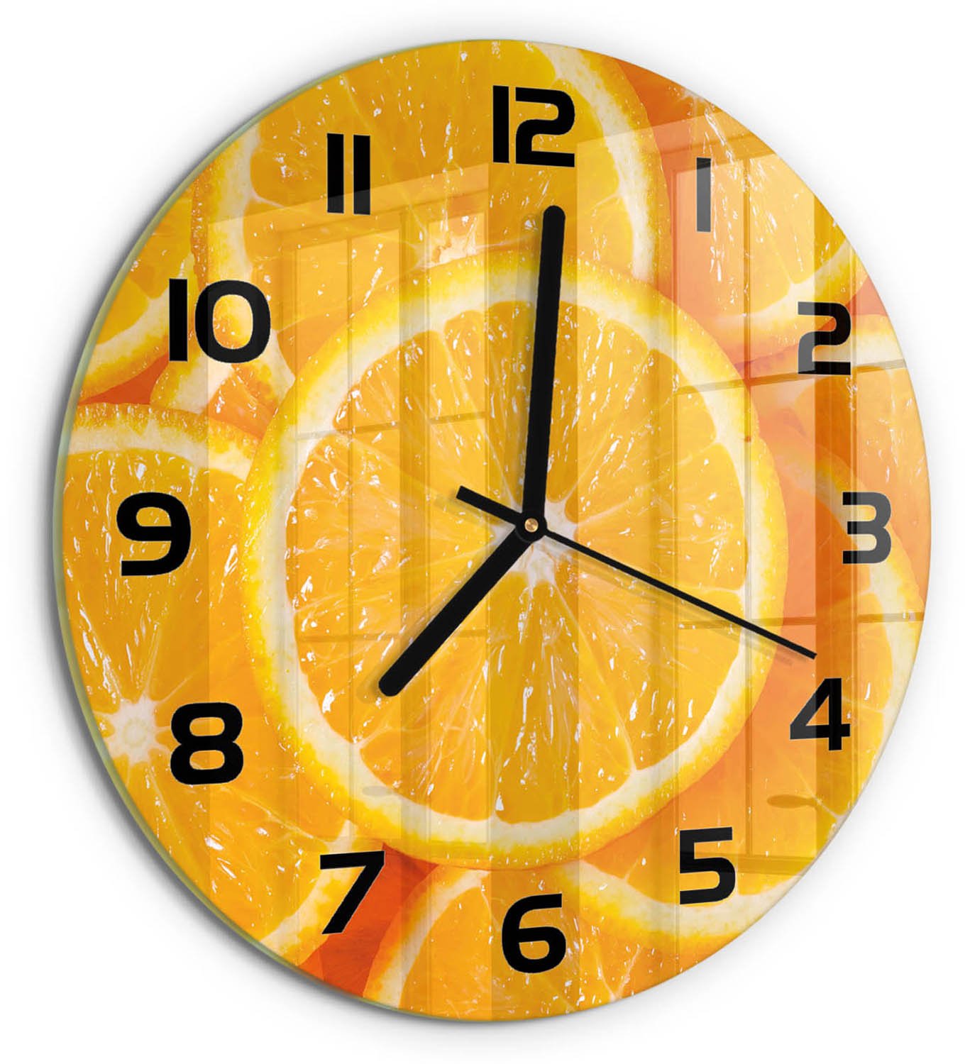 TULUP Wandklok - Sinaasappelschijfjes Wandklok Glas Met Motief - fi30 cm - Oranje Decoratieve Glazen Klok - Zwarte handen - Ronde Klok - Gekleurde Glazen Klok - Glazen Klok Met Print