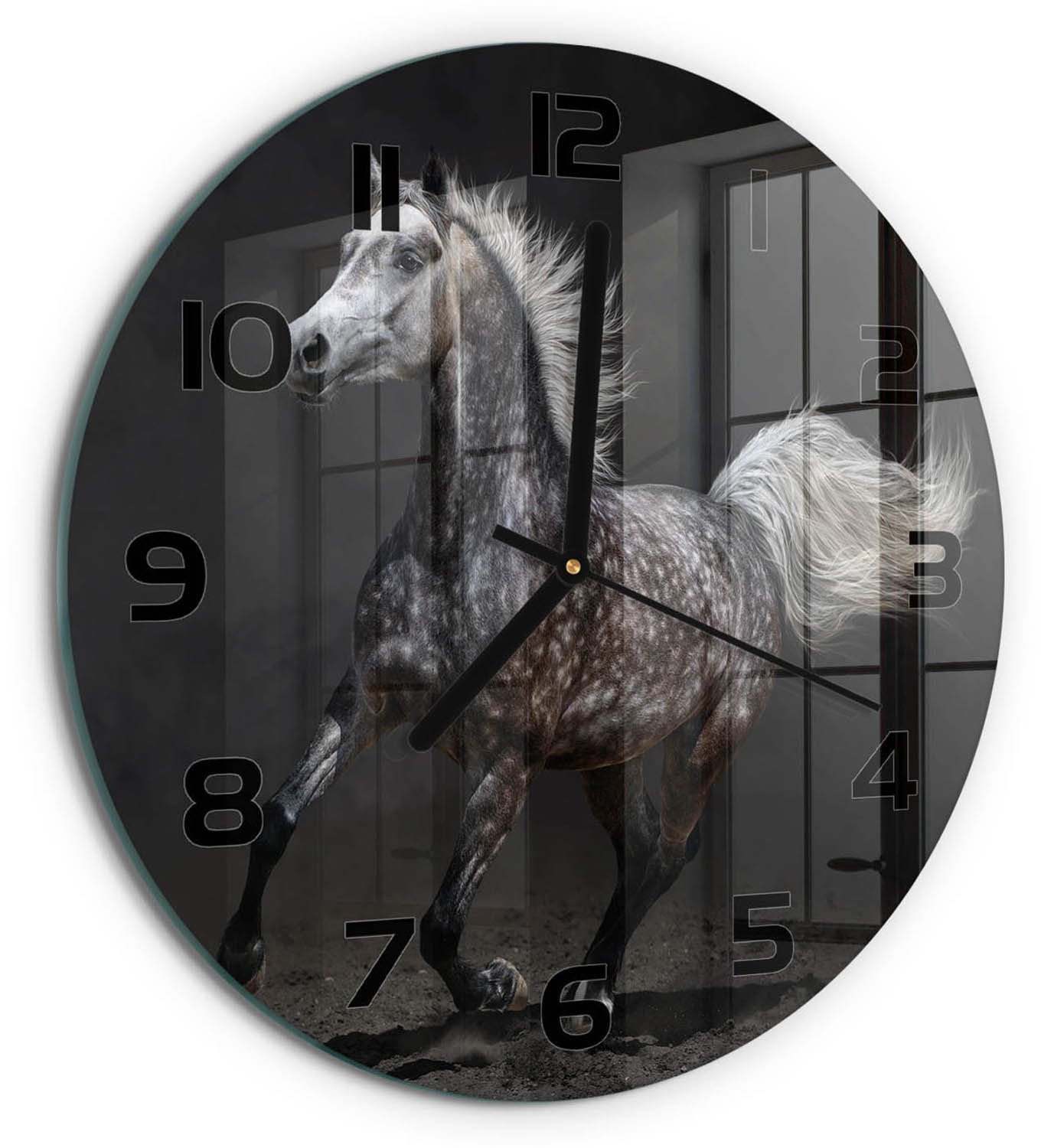 TULUP Wandklok - Grijze Arabische Paard Moderne Wandklok Glas - fi30 cm - Zwart Wandklok Glas Decoratie - Zwarte handen - Ronde Klok - Glazen Wandklok Design - Klok Glas Met Opdruk