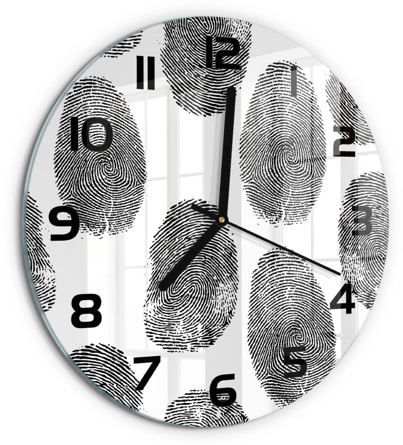 TULUP Wandklok - Vingerafdrukken Glazen Klok Met Print - fi30 cm - Zwart-wit Wandklok Glas Met Motief - Zwarte handen - Ronde Klok - Wandklok Glas Decoratie - Gekleurde Glazen Klok