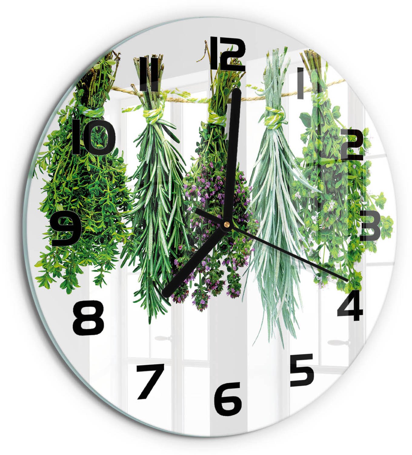 TULUP Wandklok - Kruiden aan een touwtje Moderne Wandklok Glas - fi30 cm - Groente Wandklok Glas Decoratie - Zwarte handen - Ronde Klok - Glazen Wandklok Design - Klok Glas Met Opdruk