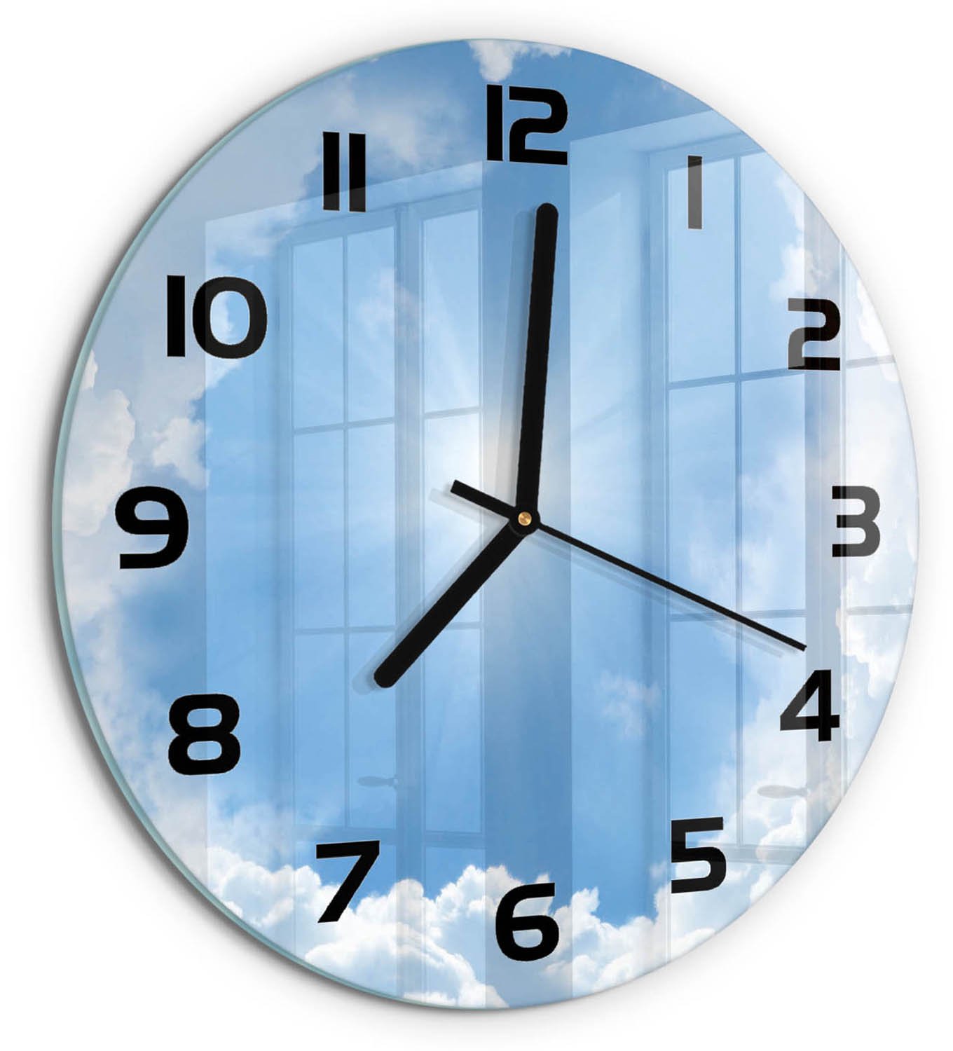 TULUP Wandklok - Wolken aan de hemel Wandklok Glas Decoratie - fi30 cm - Blauw Gekleurde Glazen Klok - Zwarte handen - Ronde Klok - Klok Glas Met Opdruk - Moderne Wandklok Glas