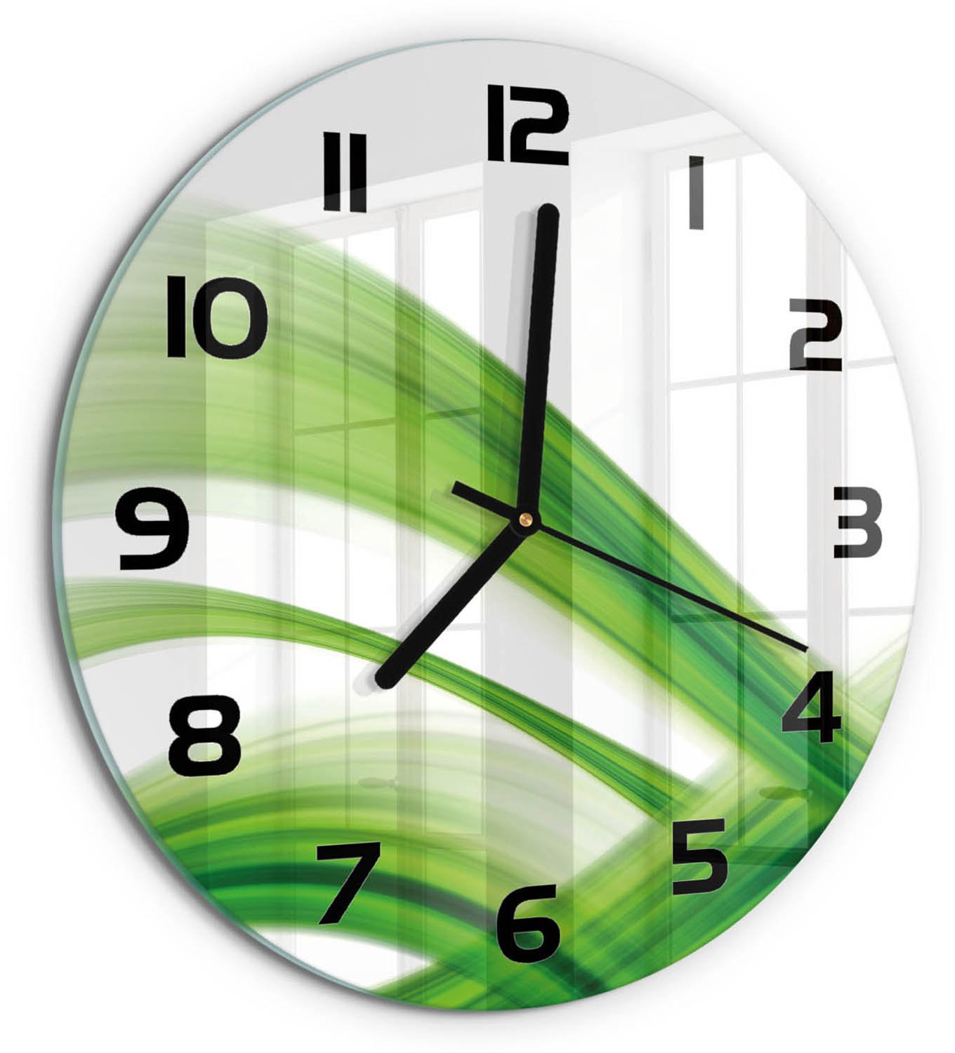 TULUP Wandklok - Golfabstractie Decoratieve Glazen Klok - fi30 cm - Groente Glazen Wandklok Design - Zwarte handen - Ronde Klok - Glazen Klok Met Print - Wandklok Glas Met Motief