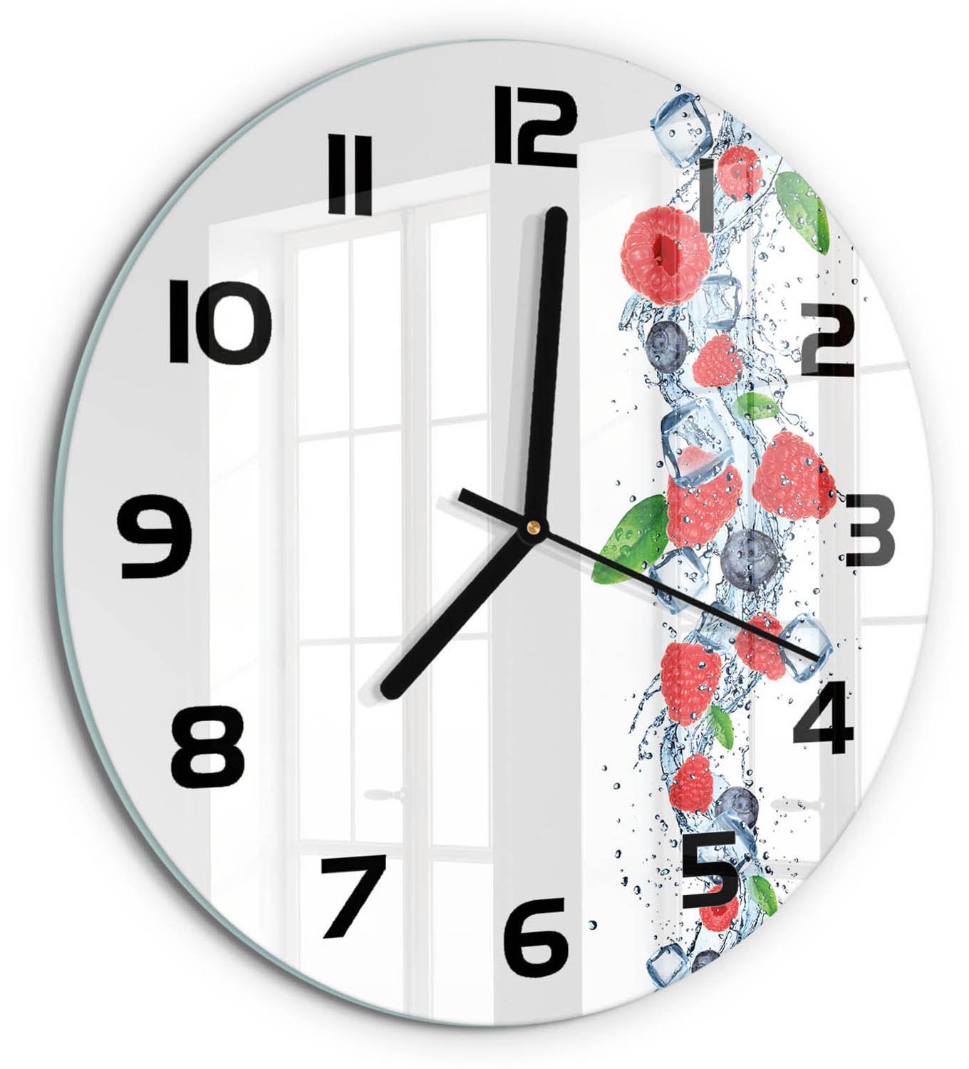 TULUP Wandklok - Bosvruchten met ijs Wandklok Glas Decoratie - fi30 cm - Rood Gekleurde Glazen Klok - Zwarte handen - Ronde Klok - Klok Glas Met Opdruk - Moderne Wandklok Glas