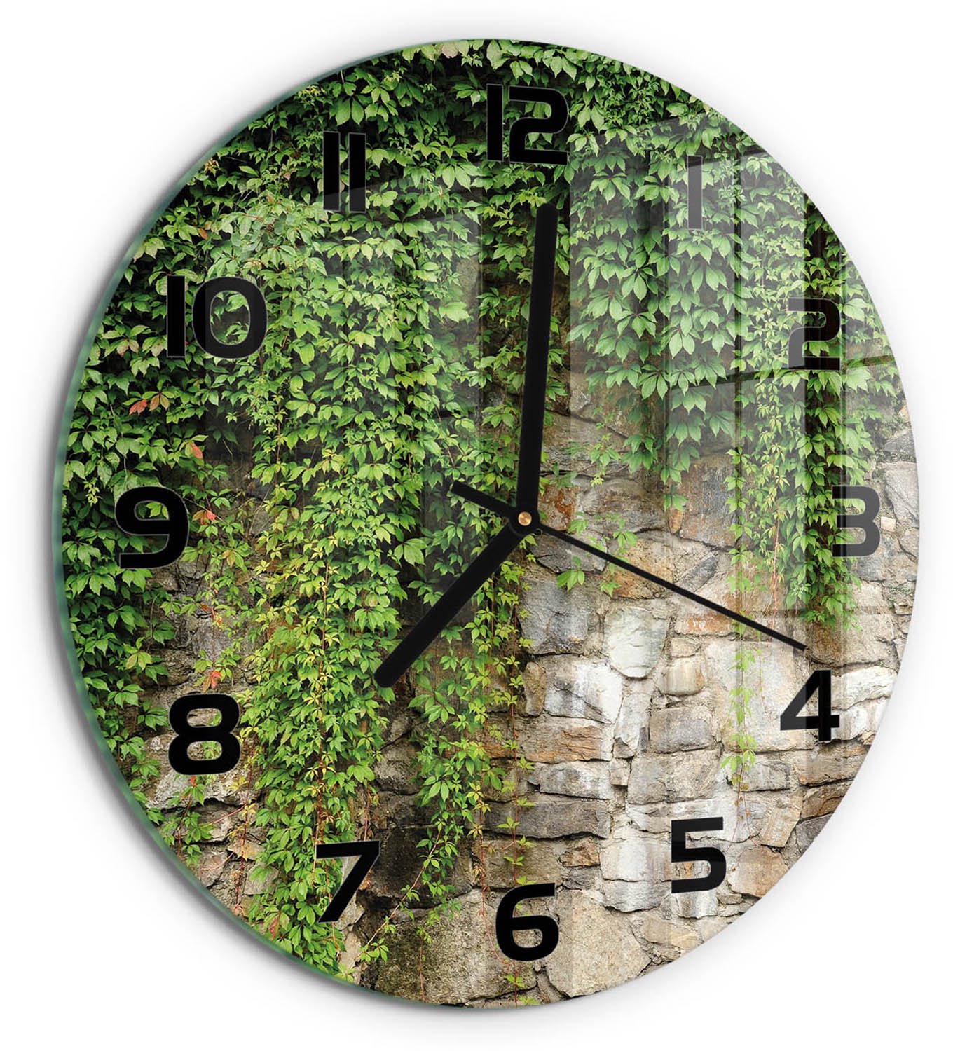 TULUP Wandklok - Groene klimop Wandklok Glas Decoratie - fi30 cm - Groente Gekleurde Glazen Klok - Zwarte handen - Ronde Klok - Klok Glas Met Opdruk - Moderne Wandklok Glas