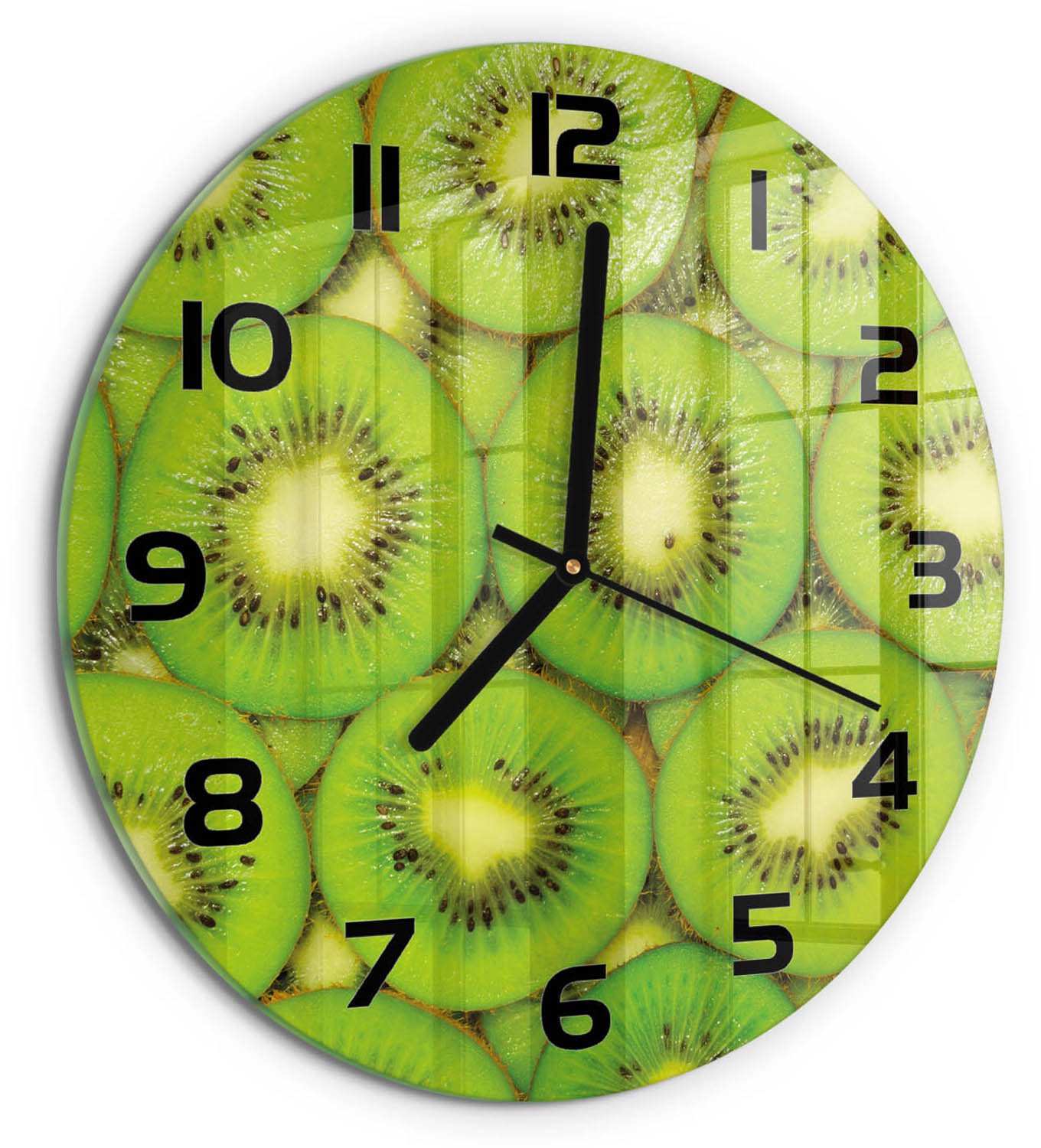 TULUP Wandklok - Kiwi Wandklok Glas Met Motief - fi30 cm - Groente Decoratieve Glazen Klok - Zwarte handen - Ronde Klok - Gekleurde Glazen Klok - Glazen Klok Met Print