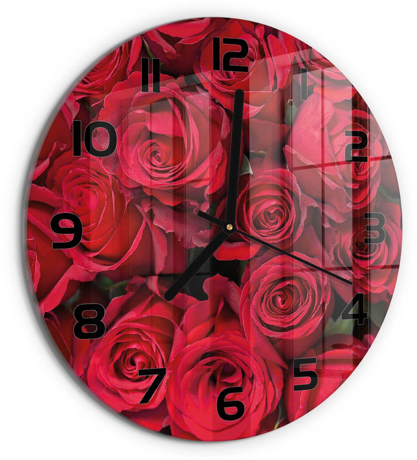 TULUP Wandklok - Rode rozen Glazen Klok Met Print - fi30 cm - Rood Wandklok Glas Met Motief - Zwarte handen - Ronde Klok - Wandklok Glas Decoratie - Gekleurde Glazen Klok