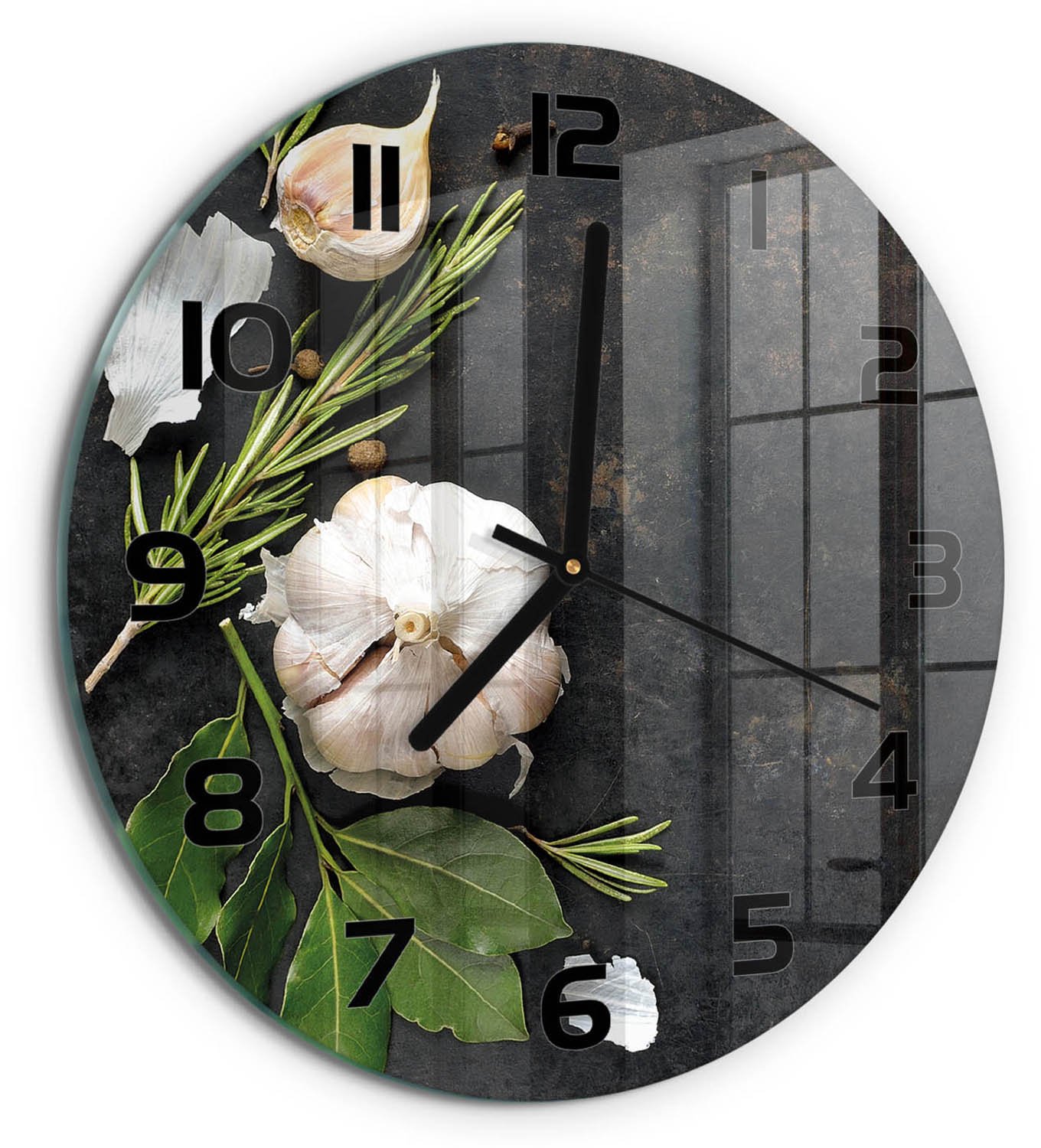 TULUP Wandklok - Knoflook Decoratieve Glazen Klok - fi30 cm - Wit Glazen Wandklok Design - Zwarte handen - Ronde Klok - Glazen Klok Met Print - Wandklok Glas Met Motief