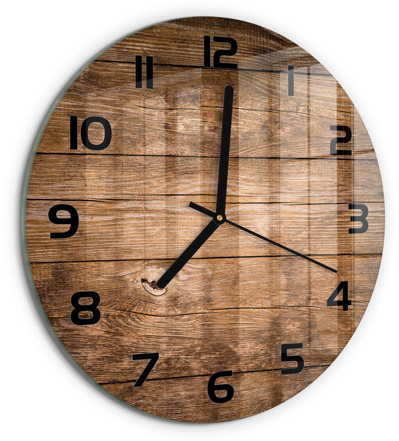 TULUP Wandklok - Houten achtergrond Glazen Wandklok Design - fi30 cm - Bruin Klok Glas Met Opdruk - Zwarte handen - Ronde Klok - Wandklok Glas Met Motief - Decoratieve Glazen Klok