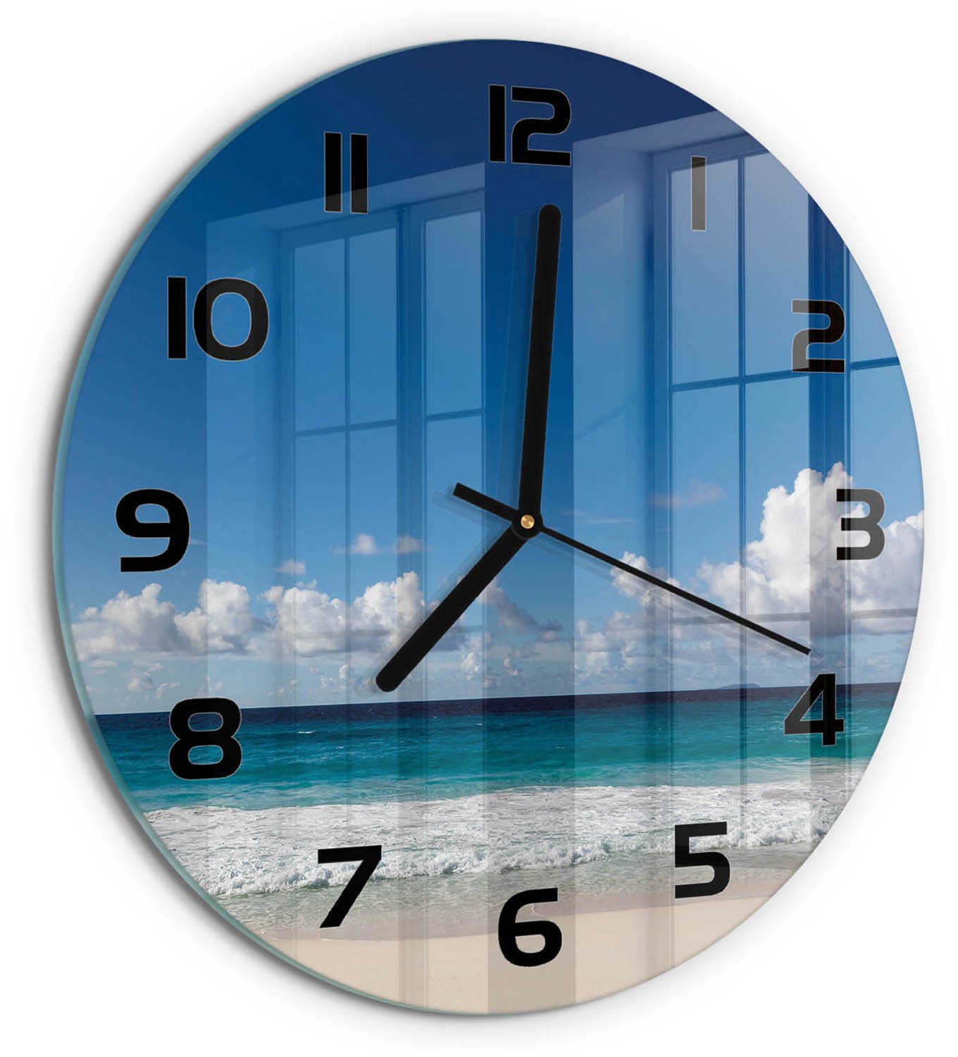 TULUP Wandklok - strand op de Seychellen Klok Glas Met Opdruk - fi30 cm - Blauw Moderne Wandklok Glas - Zwarte handen - Ronde Klok - Decoratieve Glazen Klok - Glazen Wandklok Design