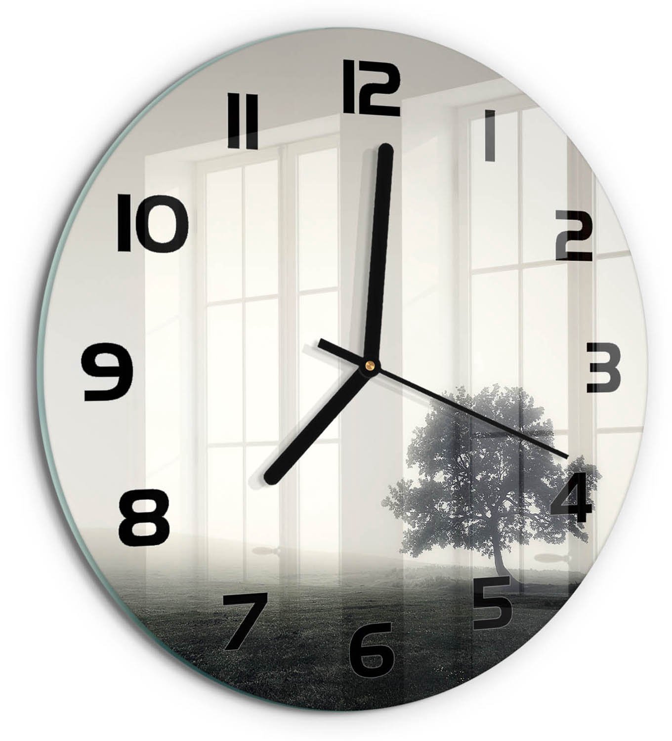 TULUP Wandklok - Eenzame boom Decoratieve Glazen Klok - fi30 cm - Grijs Glazen Wandklok Design - Zwarte handen - Ronde Klok - Glazen Klok Met Print - Wandklok Glas Met Motief