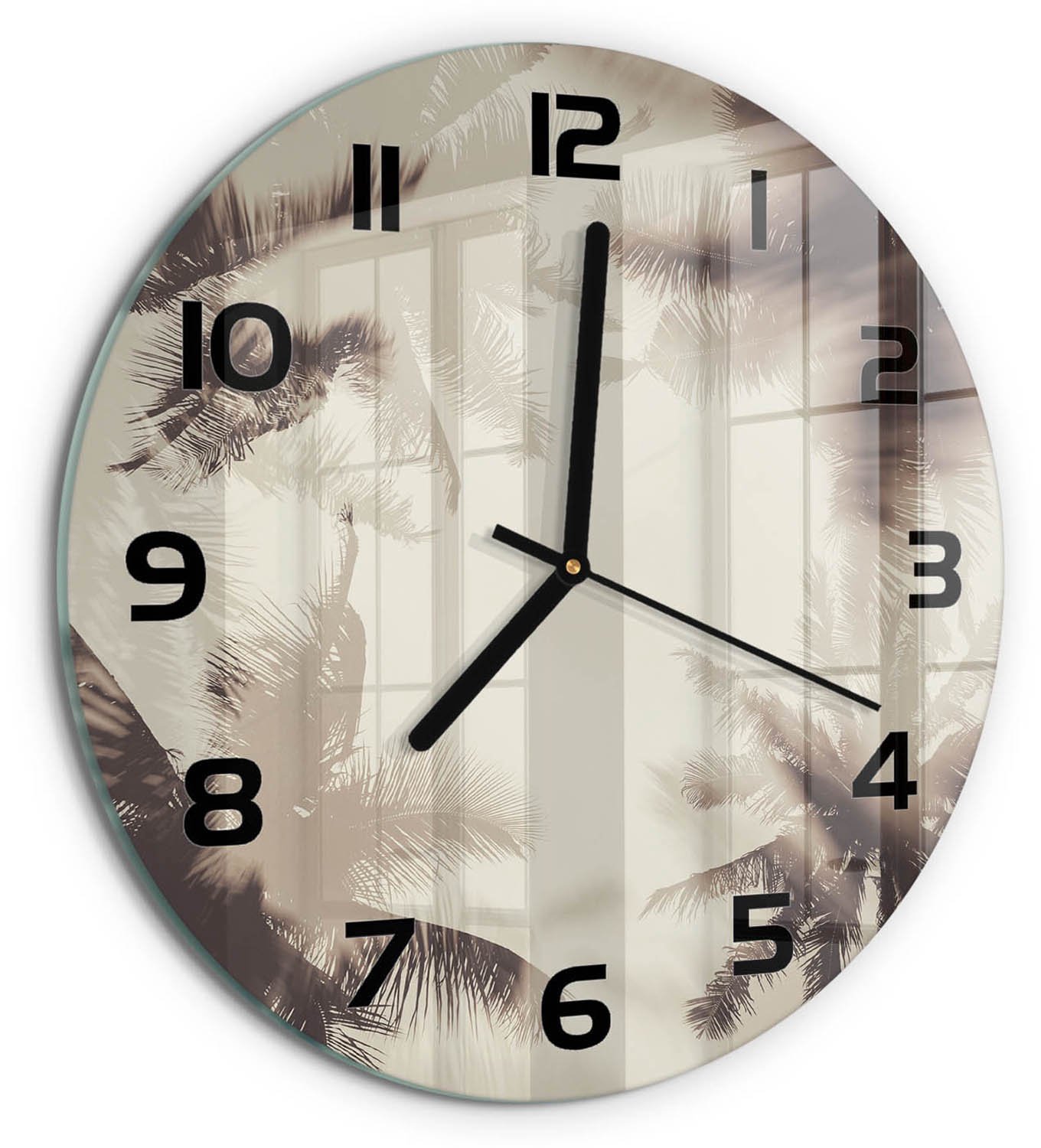 TULUP Wandklok - Palmbomen Wandklok Glas Decoratie - fi30 cm - Beige Gekleurde Glazen Klok - Zwarte handen - Ronde Klok - Klok Glas Met Opdruk - Moderne Wandklok Glas