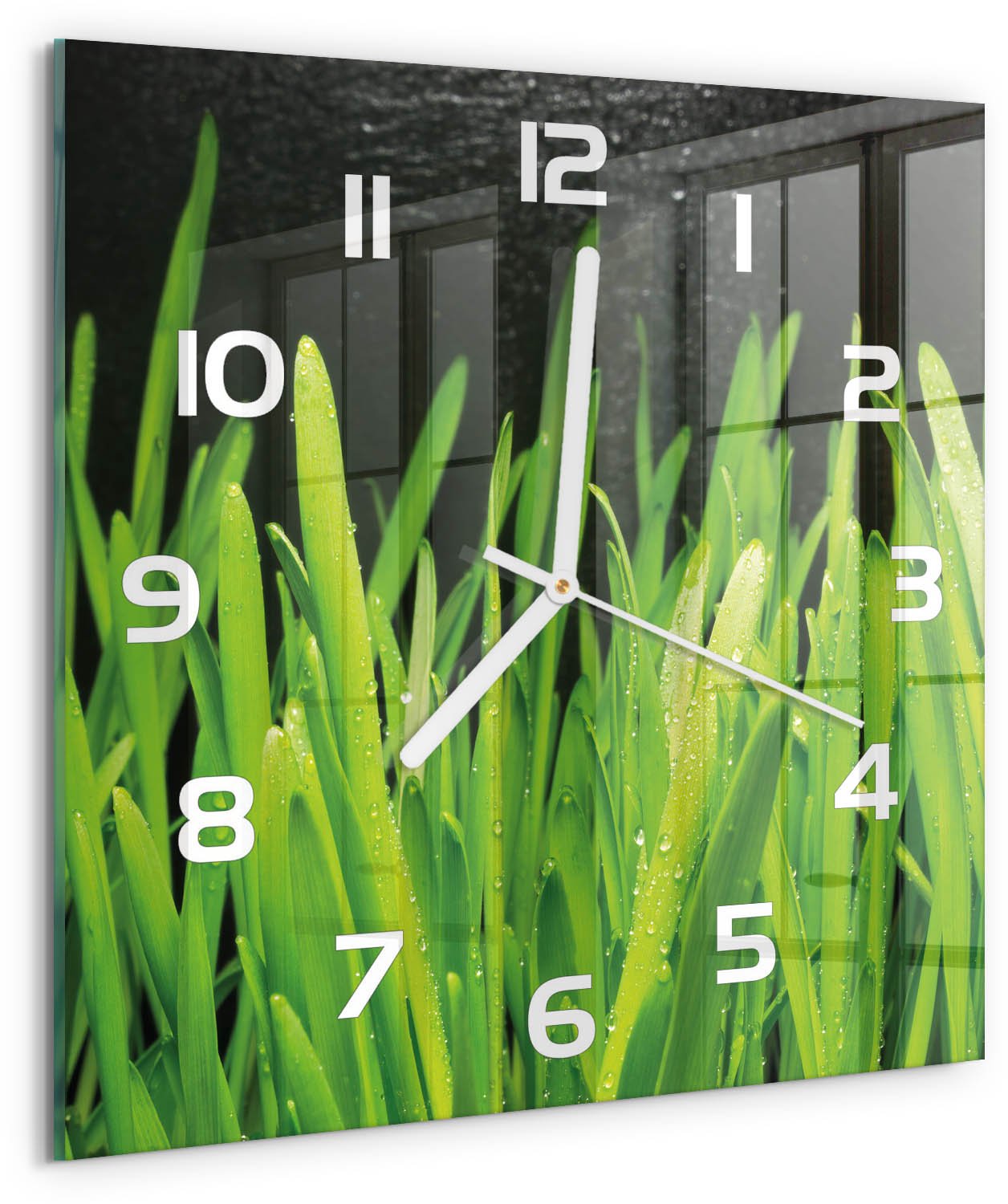 Tulup Wandklok - Gras Wandklok Glas Met Motief - 30x30 cm - Groente Decoratieve Glazen Klok - Witte handen - Vierkante Klok - Gekleurde Glazen Klok - Glazen Klok Met Print
