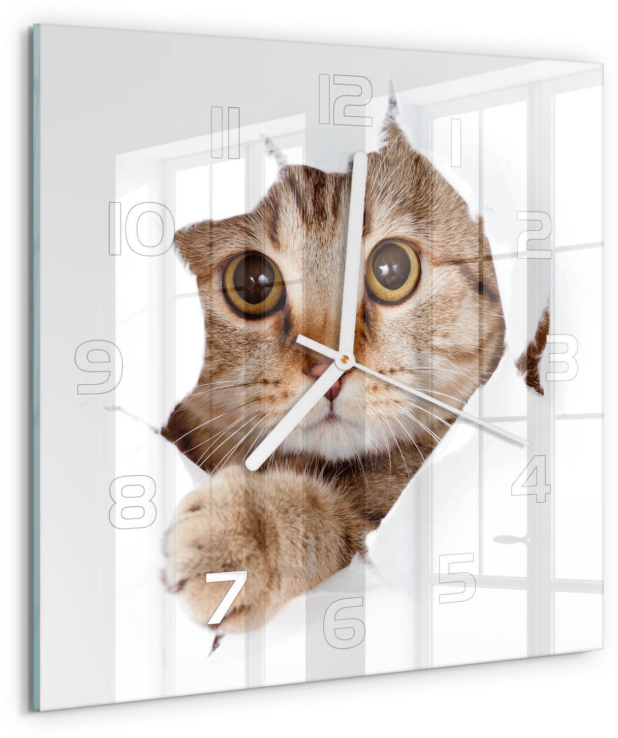 Tulup Wandklok - Kat Decoratieve Glazen Klok - 30x30 cm - Beige Glazen Wandklok Design - Witte handen - Vierkante Klok - Glazen Klok Met Print - Wandklok Glas Met Motief