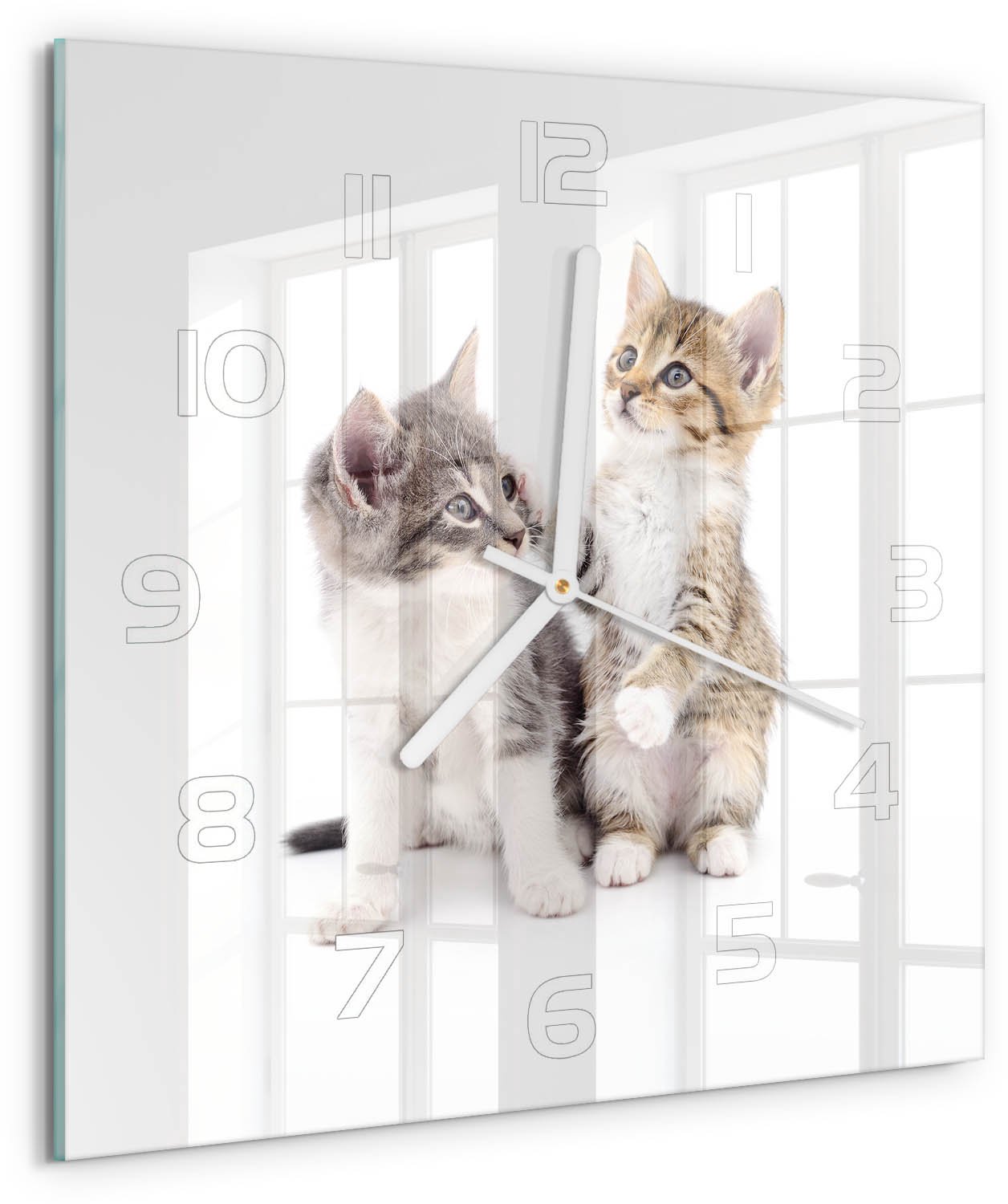 Tulup Wandklok - Twee kleine katjes Klok Glas Met Opdruk - 30x30 cm - Beige Moderne Wandklok Glas - Witte handen - Vierkante Klok - Decoratieve Glazen Klok - Glazen Wandklok Design