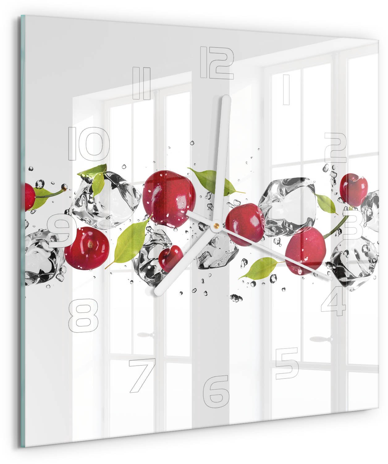 Tulup Wandklok - Kersen en water Moderne Wandklok Glas - 30x30 cm - Rood Wandklok Glas Decoratie - Witte handen - Vierkante Klok - Glazen Wandklok Design - Klok Glas Met Opdruk