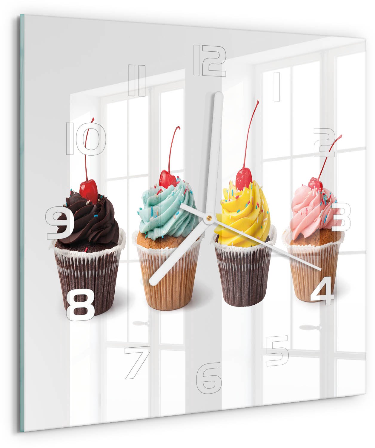 Tulup Wandklok - Muffins Decoratieve Glazen Klok - 30x30 cm - Veelkleurig Glazen Wandklok Design - Witte handen - Vierkante Klok - Glazen Klok Met Print - Wandklok Glas Met Motief