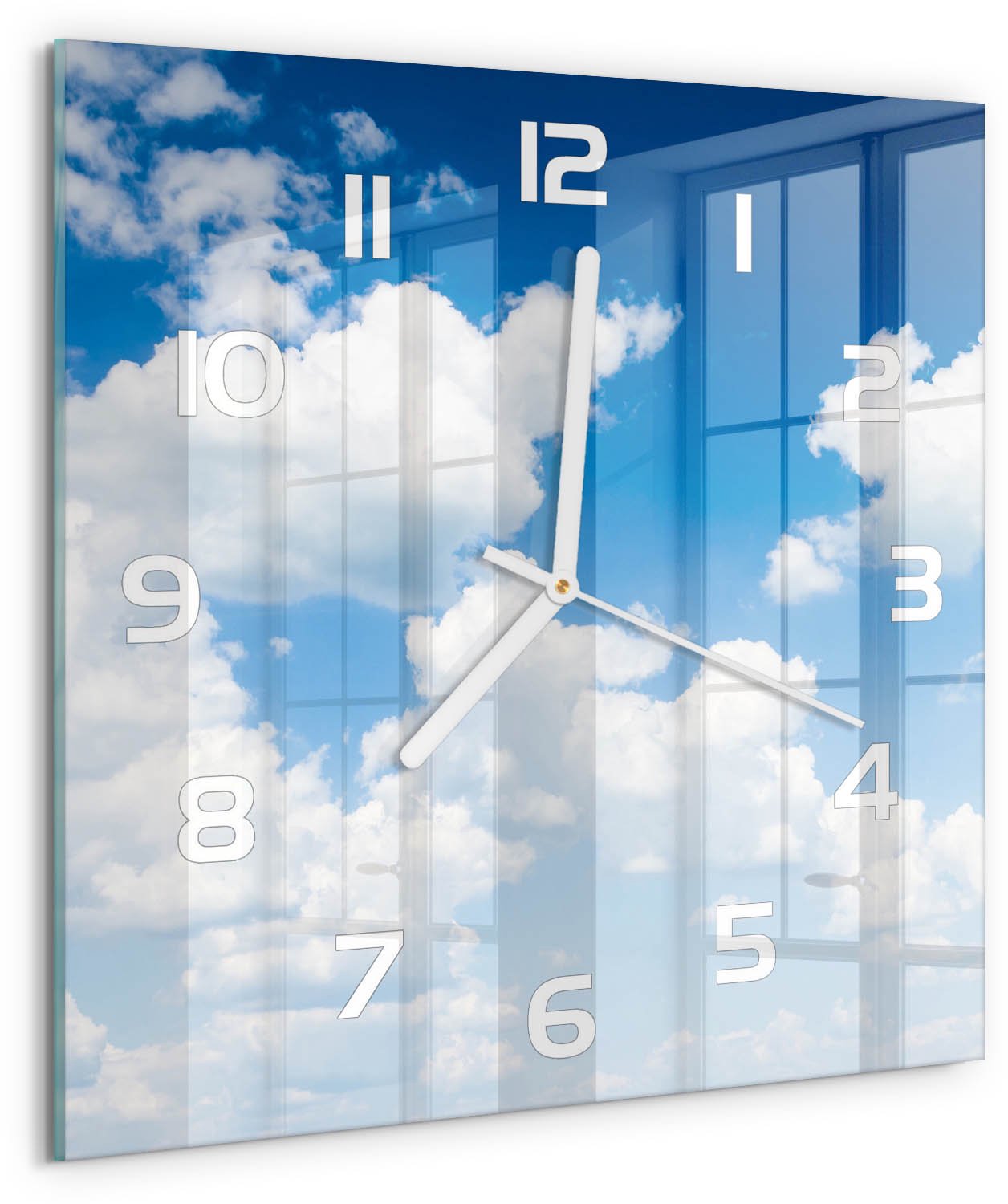 Tulup Wandklok - Wolken aan de hemel Wandklok Glas Decoratie - 30x30 cm - Blauw Gekleurde Glazen Klok - Witte handen - Vierkante Klok - Klok Glas Met Opdruk - Moderne Wandklok Glas