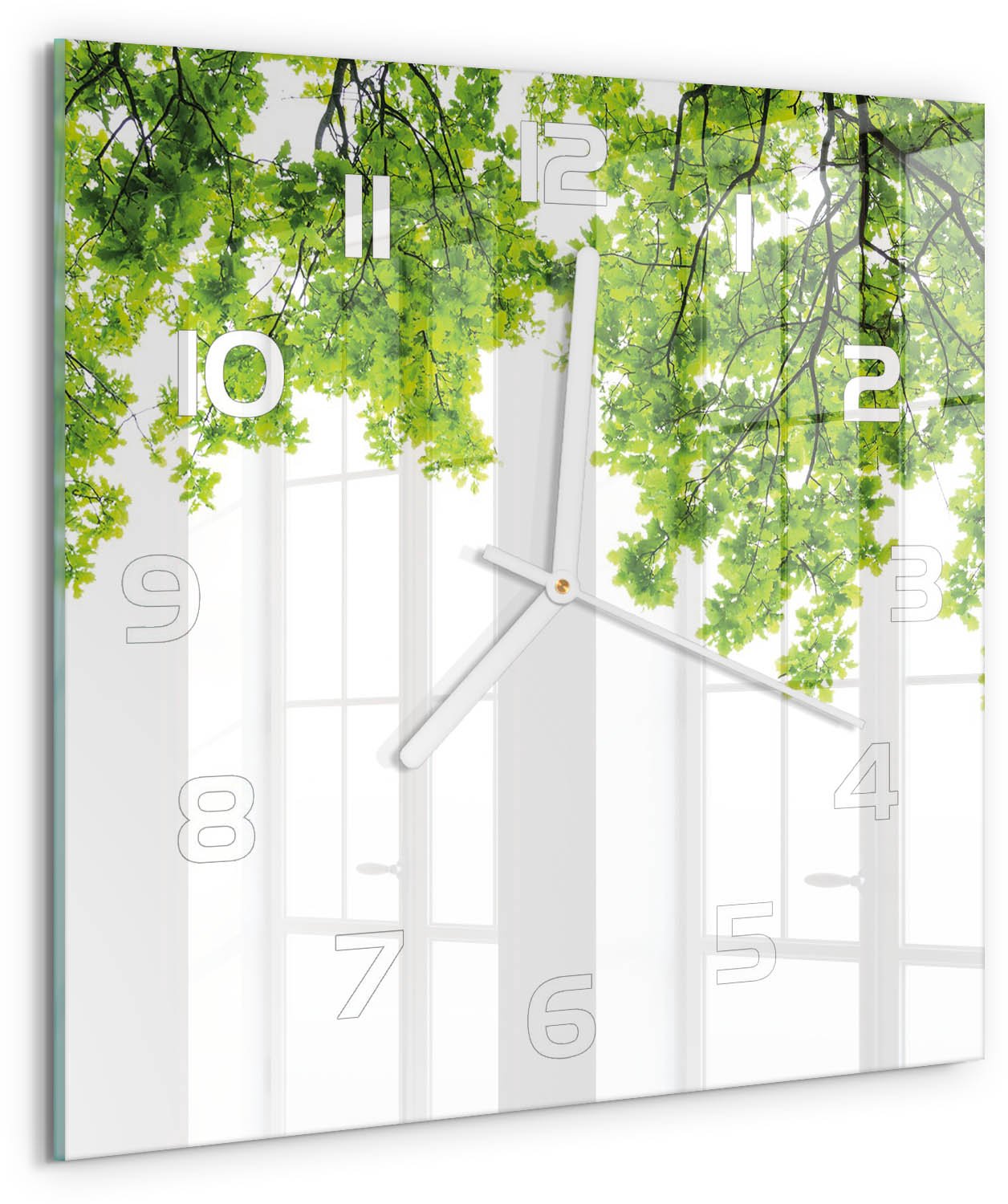 Tulup Wandklok - Eikenbladeren Klok Glas Met Opdruk - 30x30 cm - Groente Moderne Wandklok Glas - Witte handen - Vierkante Klok - Decoratieve Glazen Klok - Glazen Wandklok Design