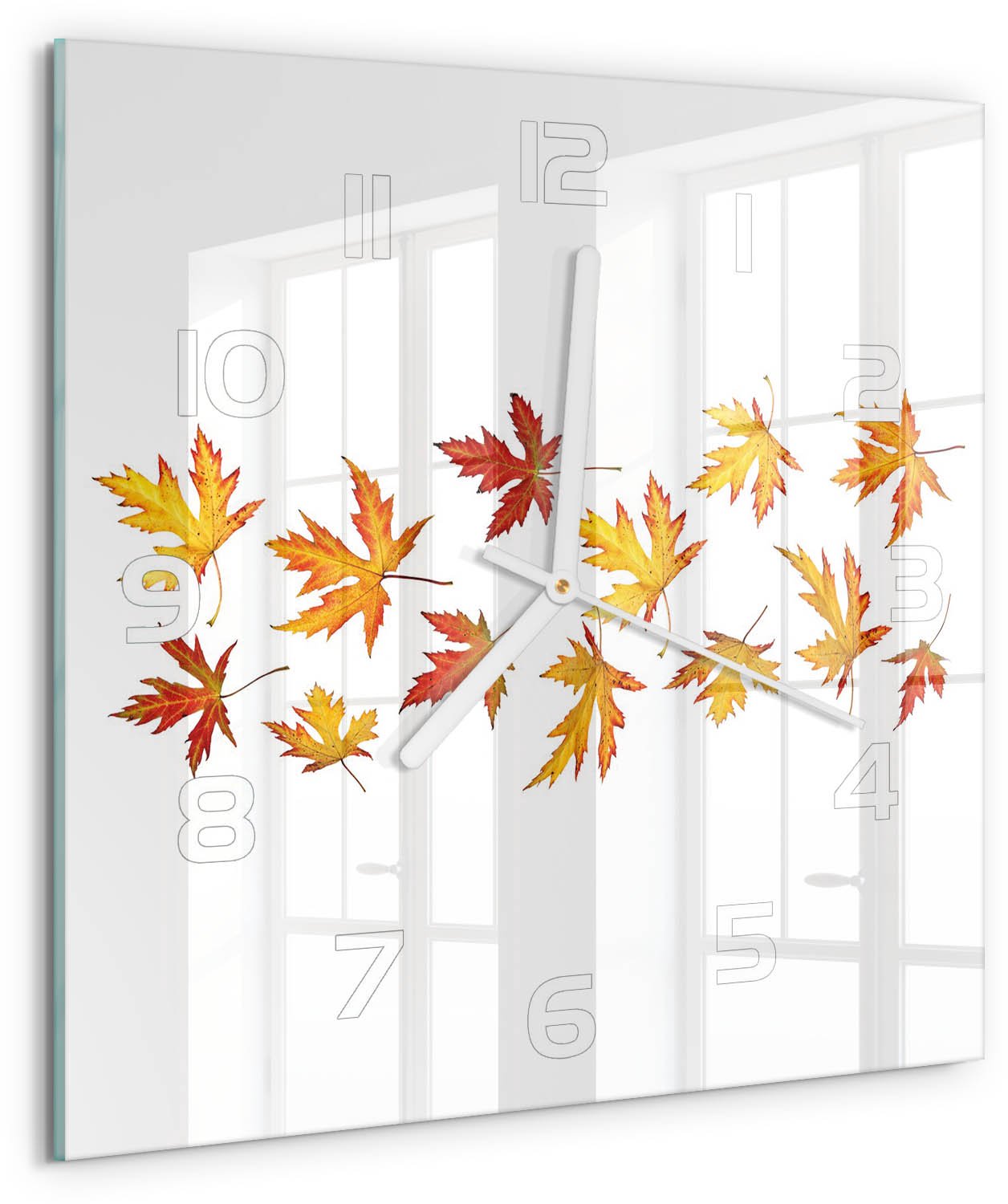 Tulup Wandklok - Herfstbladeren Decoratieve Glazen Klok - 30x30 cm - Geel Glazen Wandklok Design - Witte handen - Vierkante Klok - Glazen Klok Met Print - Wandklok Glas Met Motief