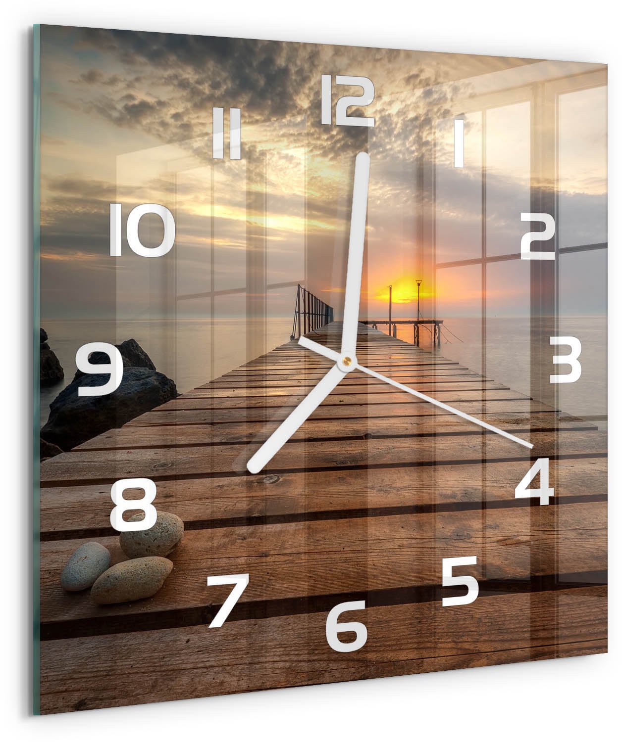 Tulup Wandklok - Houten brug Glazen Wandklok Design - 30x30 cm - Bruin Klok Glas Met Opdruk - Witte handen - Vierkante Klok - Wandklok Glas Met Motief - Decoratieve Glazen Klok