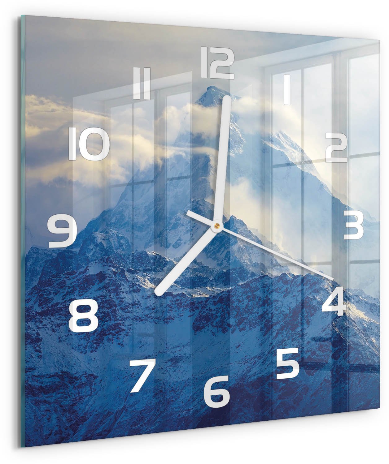 Tulup Wandklok - bergtop Gekleurde Glazen Klok - 30x30 cm - Blauw Glazen Klok Met Print - Witte handen - Vierkante Klok - Moderne Wandklok Glas - Wandklok Glas Decoratie