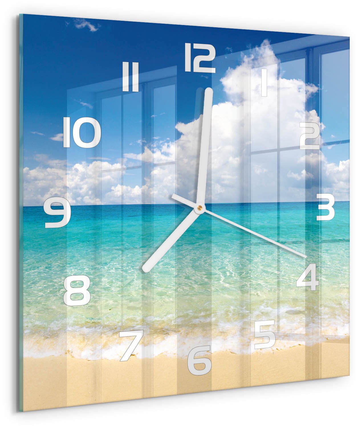 Tulup Wandklok - Paradijsstrand Moderne Wandklok Glas - 30x30 cm - Blauw Wandklok Glas Decoratie - Witte handen - Vierkante Klok - Glazen Wandklok Design - Klok Glas Met Opdruk