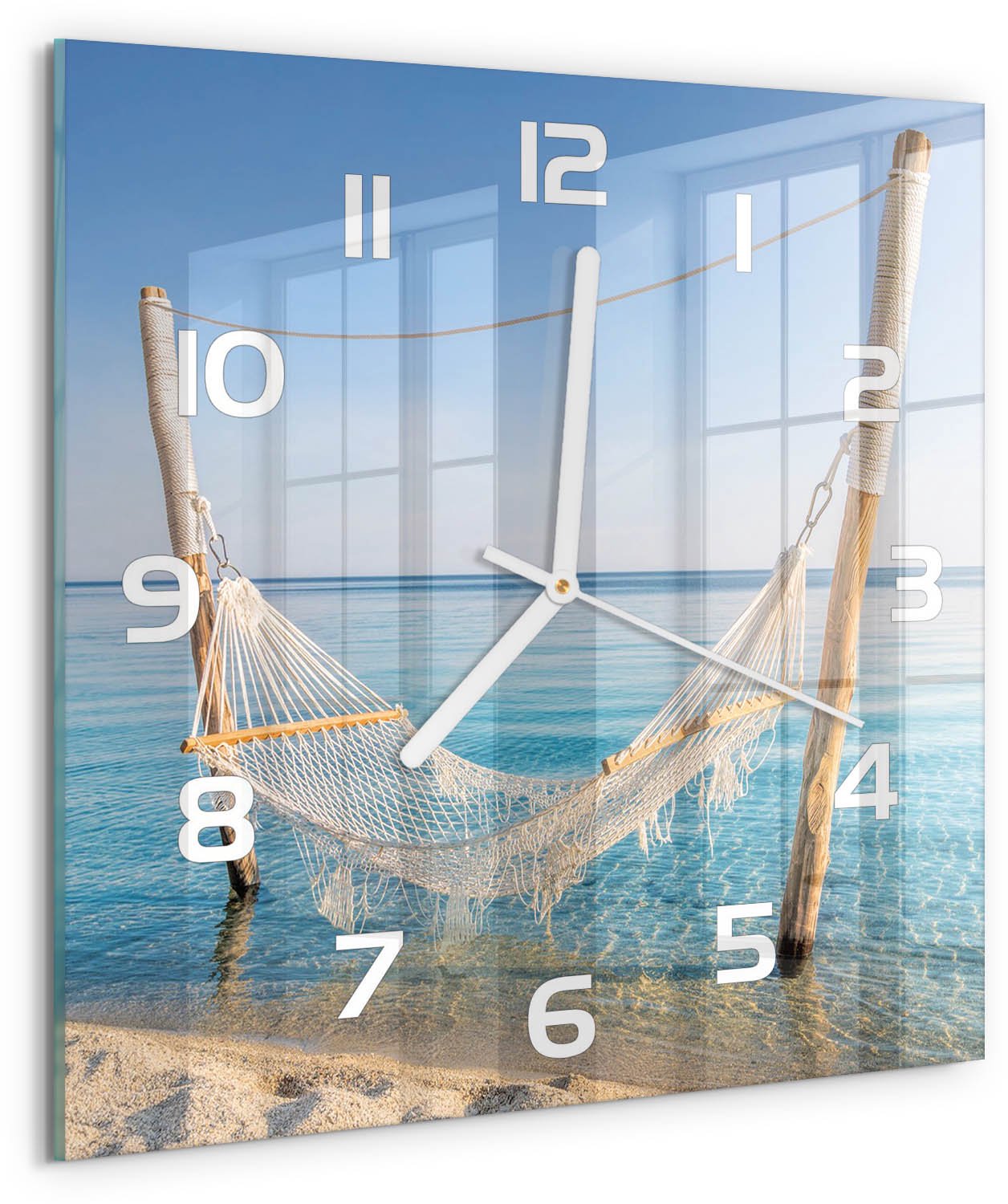 Tulup Wandklok - Hangmat aan zee Decoratieve Glazen Klok - 30x30 cm - Blauw Glazen Wandklok Design - Witte handen - Vierkante Klok - Glazen Klok Met Print - Wandklok Glas Met Motief