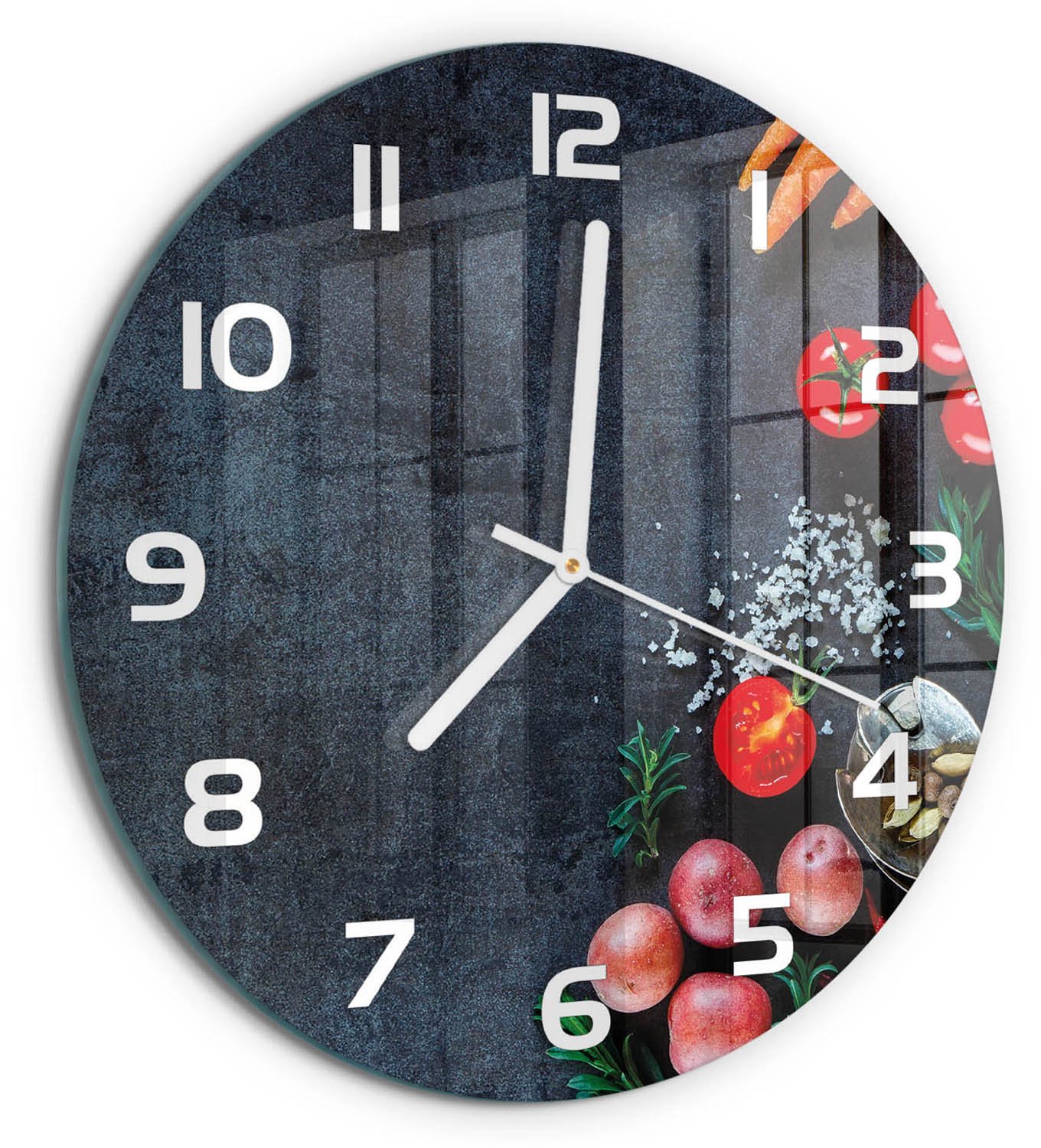 TULUP Wandklok - Ingrediënten Glazen Klok Met Print - fi30 cm - Veelkleurig Wandklok Glas Met Motief - Witte handen - Ronde Klok - Wandklok Glas Decoratie - Gekleurde Glazen Klok