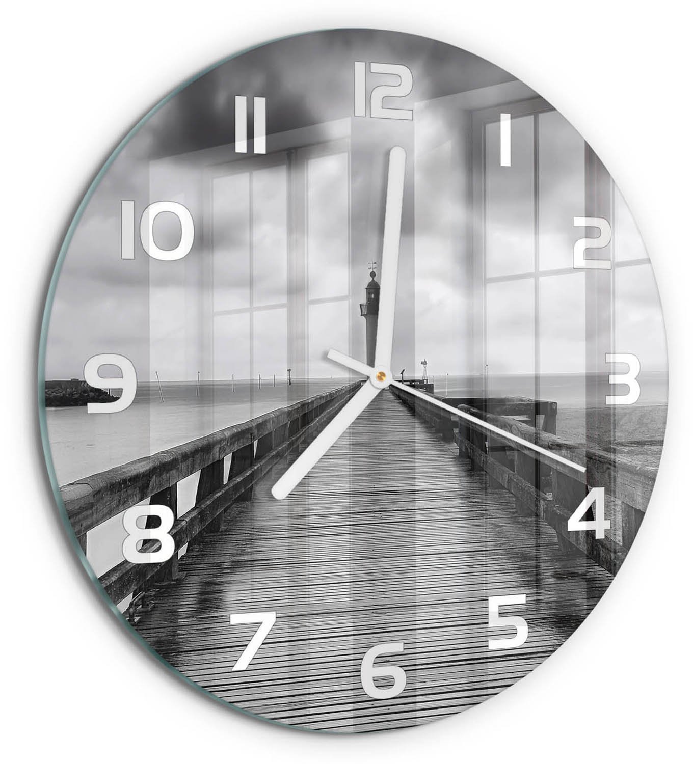 TULUP Wandklok - Vuurtoren Wandklok Glas Decoratie - fi30 cm - Zwart-wit Gekleurde Glazen Klok - Witte handen - Ronde Klok - Klok Glas Met Opdruk - Moderne Wandklok Glas