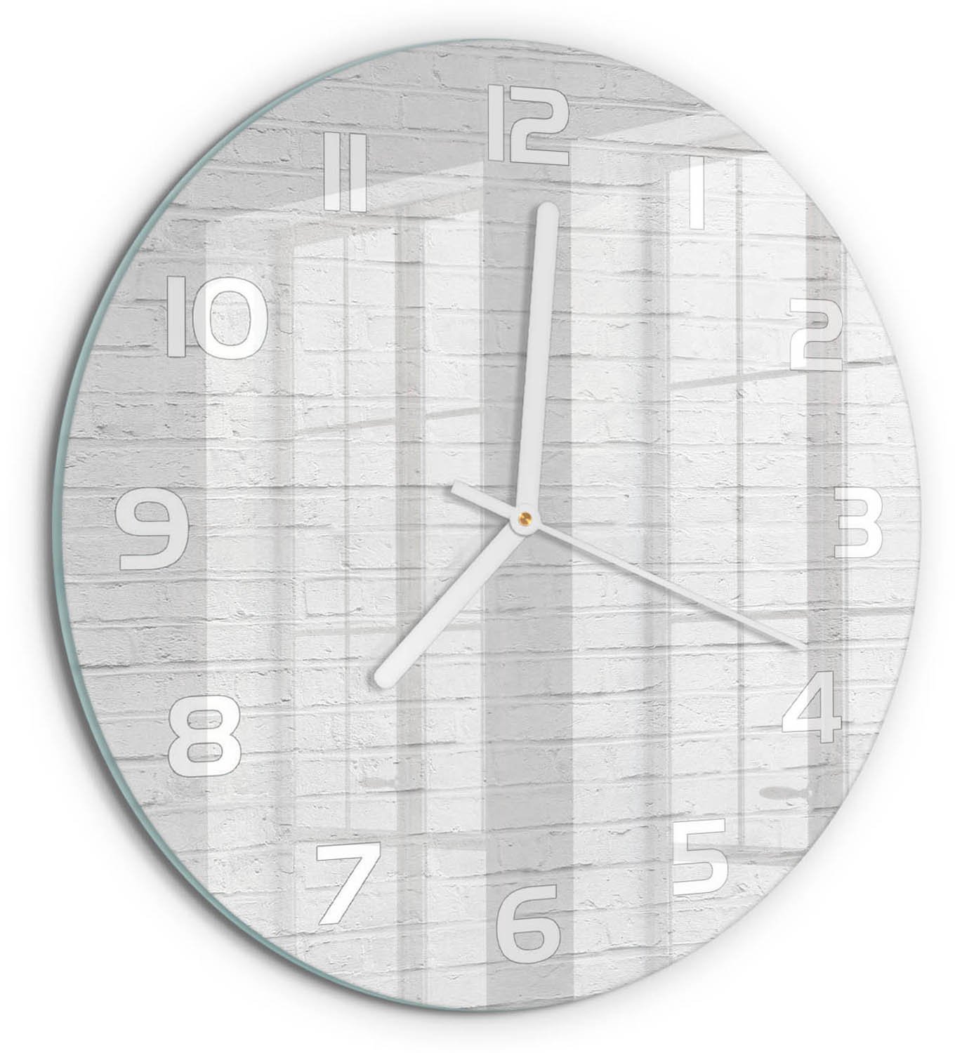 TULUP Wandklok - Bakstenen muur Glazen Wandklok Design - fi30 cm - Wit Klok Glas Met Opdruk - Witte handen - Ronde Klok - Wandklok Glas Met Motief - Decoratieve Glazen Klok