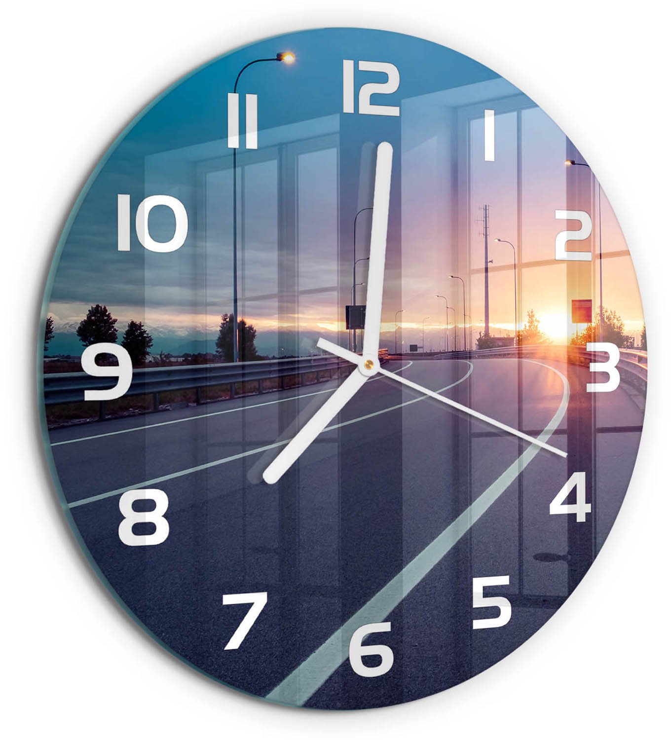 TULUP Wandklok - Snelweg Decoratieve Glazen Klok - fi30 cm - Veelkleurig Glazen Wandklok Design - Witte handen - Ronde Klok - Glazen Klok Met Print - Wandklok Glas Met Motief