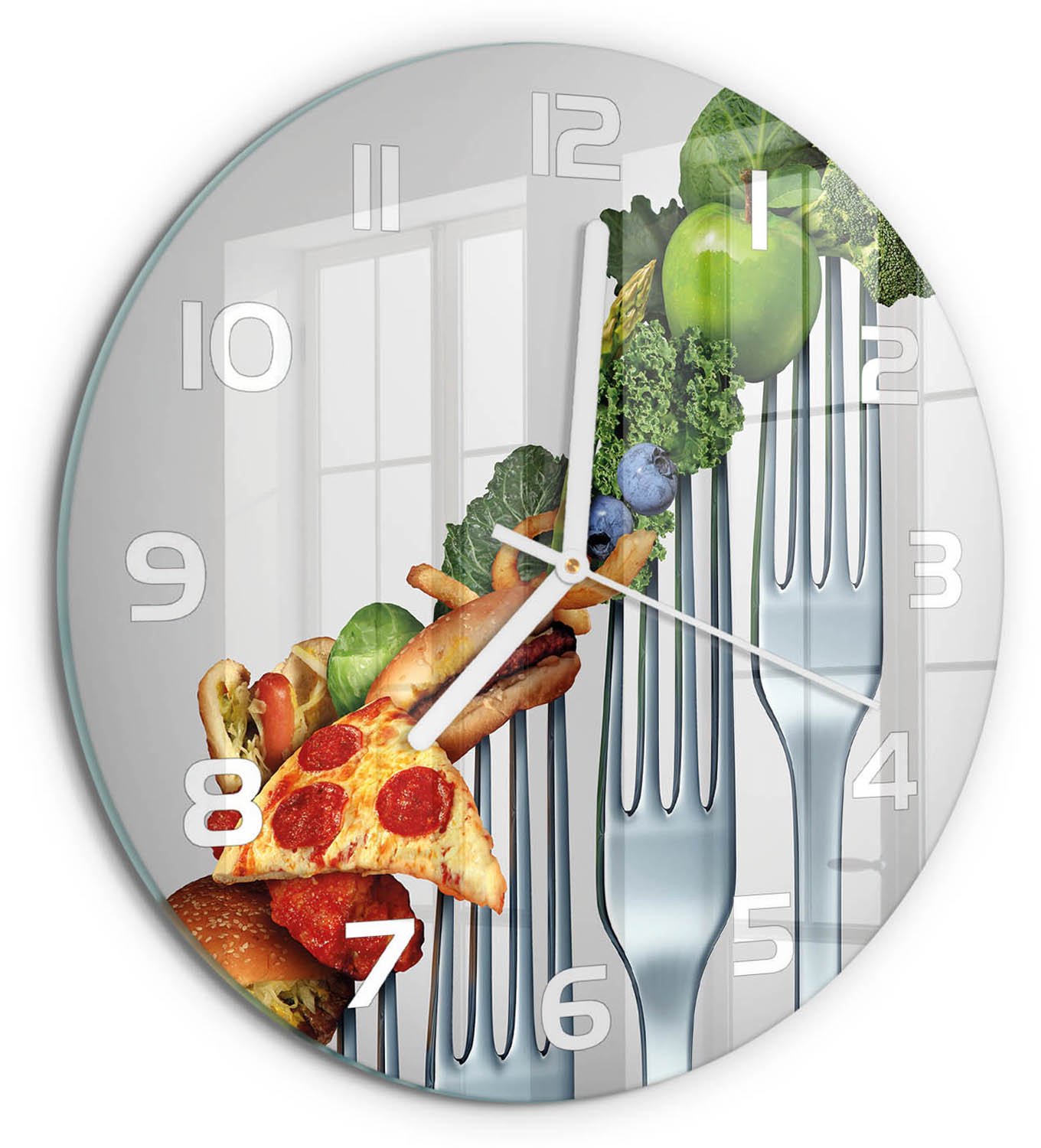 TULUP Wandklok - Vooruitgang in de voeding Decoratieve Glazen Klok - fi30 cm - Veelkleurig Glazen Wandklok Design - Witte handen - Ronde Klok - Glazen Klok Met Print - Wandklok Glas Met Motief